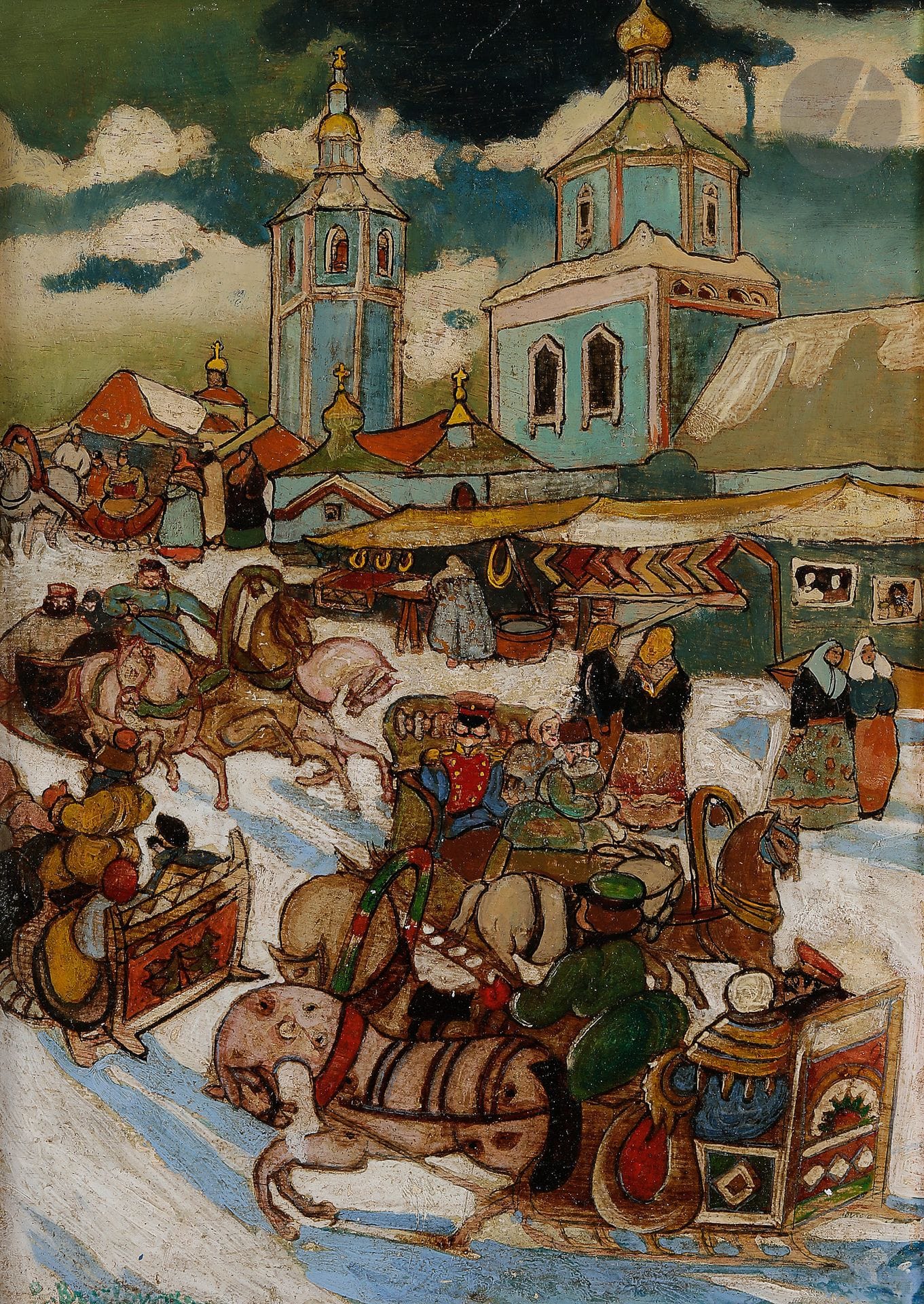 Rimma Nikititchna BRAILOVSKAYA (1877-1959)
Rue animée, 1942
Huile sur panneau.
Signée en bas à gauche.
Annotée et datée au dos.
38 x 27,5 cm

Римма Никитична БРАИЛОВСКАЯ (1877-1959)
Оживлённая улица, 1942
Панно, масло.
Подпись внизу слева.
Надпись с датой на обороте.
38 х 27,5 см