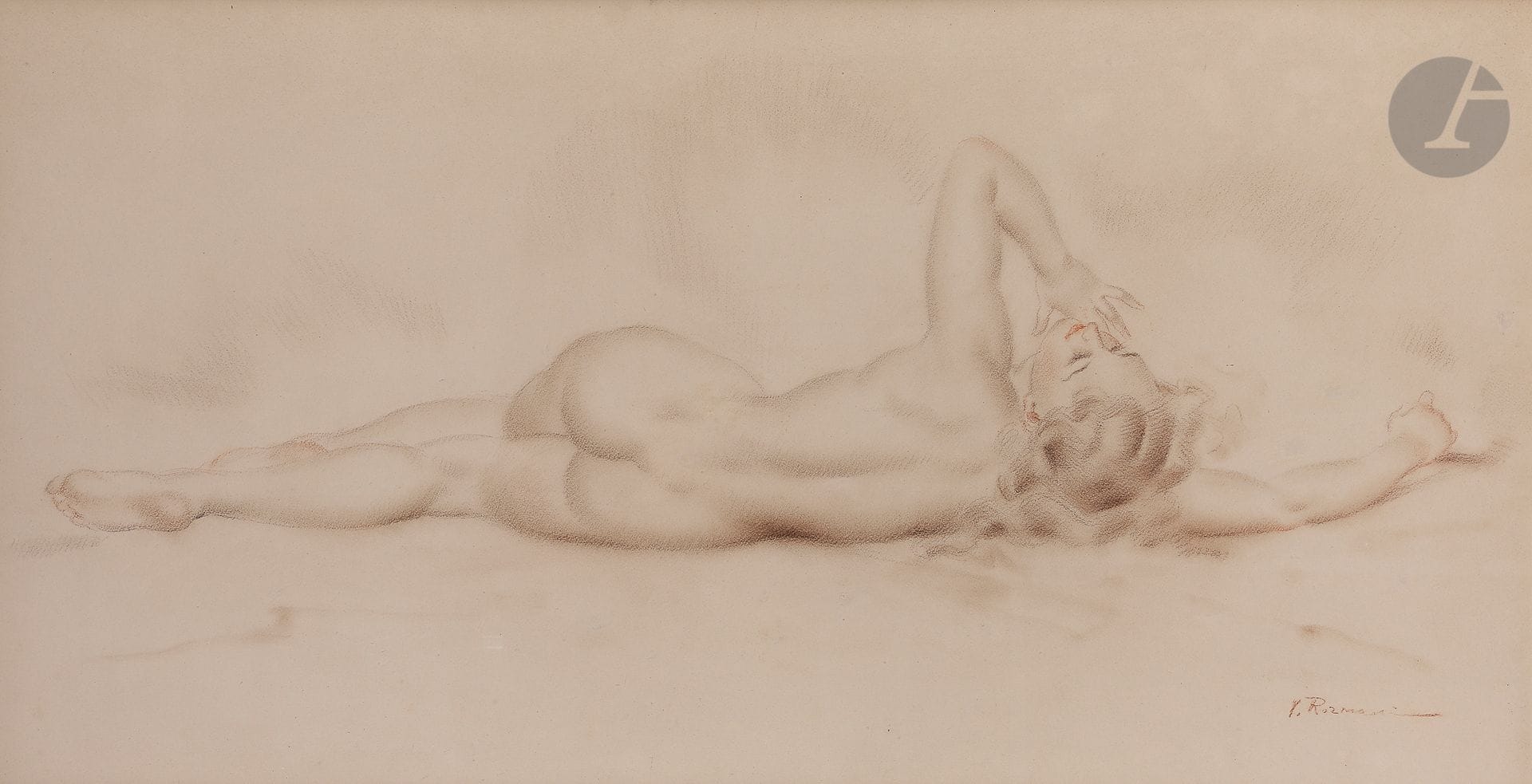 Vladimir Afanassievitch ROZMAINSKI (1885-1943)
Nu allongé le coude levé
Crayons de couleurs.
Signé en bas à droite.
53,5 x 100 cm

Владимир Афанасьевич РОЗМАИНСКИЙ (1885-1943)
Лежащая обнаженная с поднятым локтем
Цветные карандаши.
Подпись внизу справа.
53,5 х 100 см