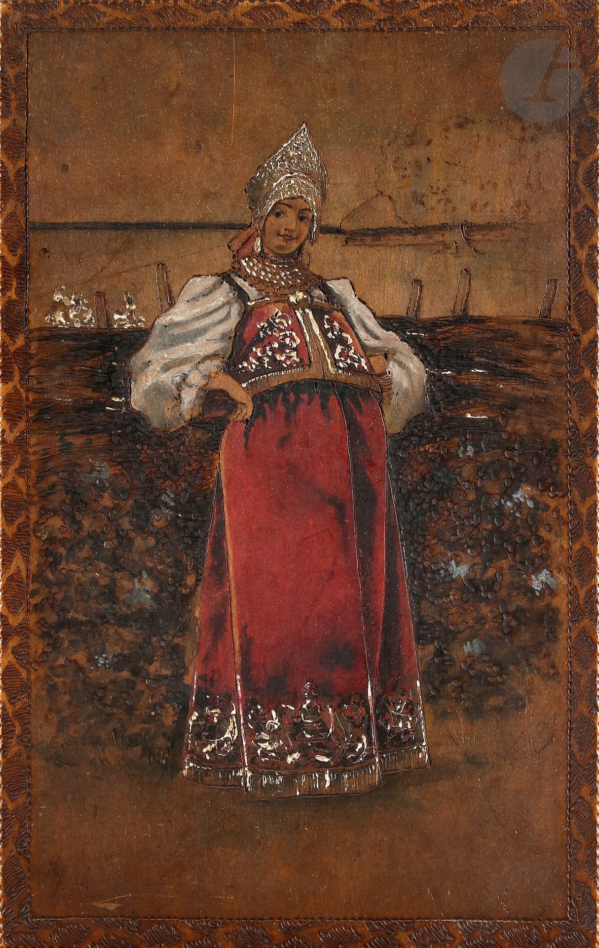 SERGUIEV POSSAD. Vladimir Ivanovitch SOKOLOV (1872-1946)
Boîte en bois à décor pyrogravé polychrome. Le couvercle est décoré d’une copie du tableau de Constantin Egorovitch Makovsky « À la bordure du village » (actuellement à la galerie Trétiakov). Aux angles des oiseaux de feu.
Vers 1900.
40 x 25 x 5,5 cm ; avec sa clé.

Владимир Иванович СОКОЛОВ (1872 - 1946) [Мастерская]
СЕРГИЕВ ПОСАД,
Большая деревянная шкатулка, украшенная в технике росписи по выжиганию. На крышке копия известной картины К. Е. Маковского  «У околицы»  (ГТГ). По углам пояса Жар-птицы ( или просто павлины ?).
(40 х 25 х 5,5 см) ; со своим ключом.