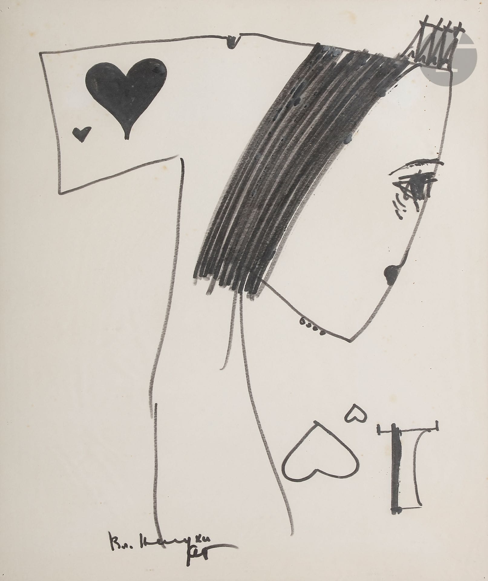 Vladimir Nikolaevich NEMUKHIN (1925-2016)
Dame de coeur, 1965
Feutre.
Signé et daté en bas.
42 x 34,5 cm

Владимир Николаевич НЕМУХИН (1925-2016)
Червонная дама, 1965
Бумага, фломастер
Внизу подпись с датой.
42 х 34,5 см