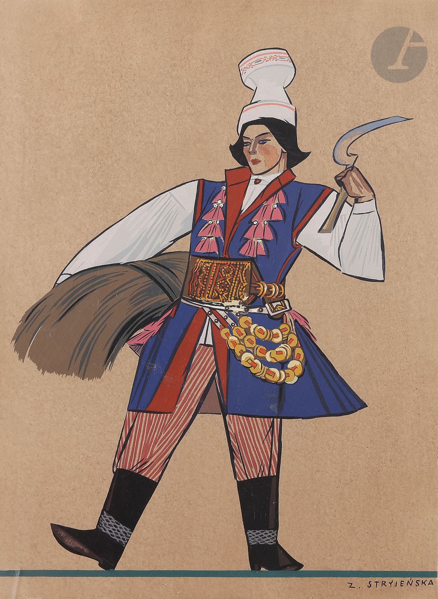 Zofia STRYJENSKA (1891-1976)
Krakowiak (Paysan de Cracovie) [1939]
Pochoir rehaussé à la gouache.
Signé en bas à droite dans la planche.
Copyright by C. Szwedzicki au dos.
44 x 31 cm

Il s’agit de la planche n°3 du recueil « Polisch (sic !) Peasant Costumes » publié par Szwedzicki en 1939.

