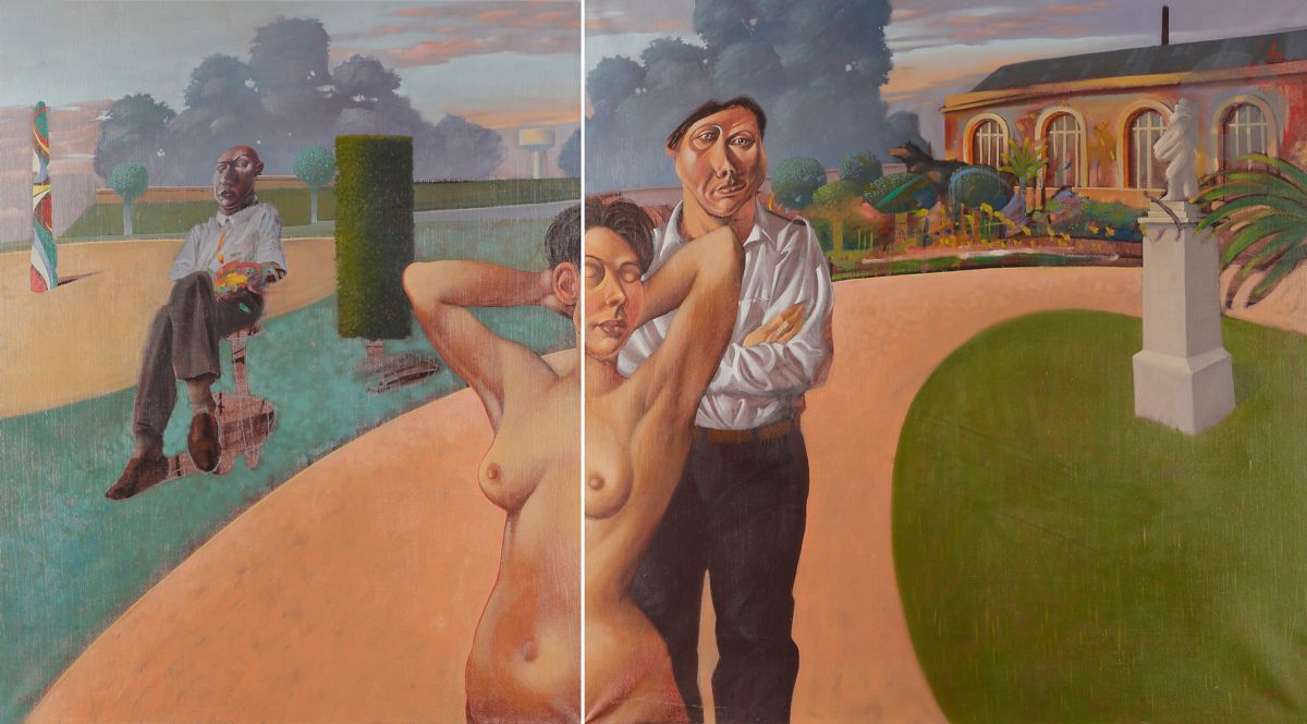François BARD (né en 1959)
Nu au parc, 1981
Huile sur toile - Diptyque.
Chaque panneau signé et daté.
L'un signé et daté au dos.
100 x 181 cm