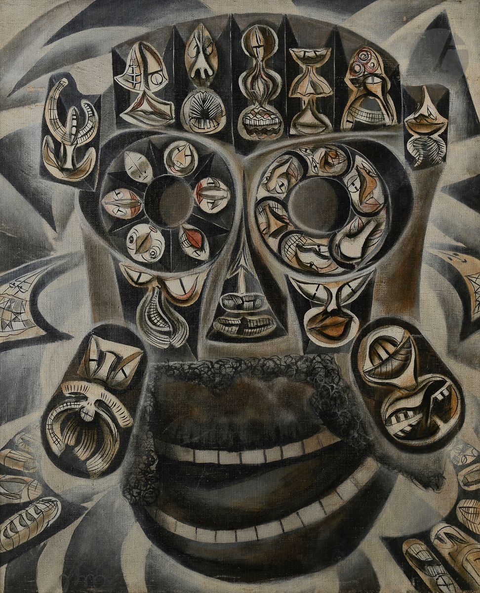 Guðmundur Guðmundsson, dit ERRÓ [islandais] (né en 1932)
Les Masques du masque - Ivory society, 1961
Huile sur toile.
Signée en bas à gauche.
Signée, datée et titrée au dos.
75,5 x 60 cm

Provenance : 
Il Punto, Galleria D'Arte Moderna, Turin (tampon au dos sur le châssis).

Bibliographie : 
Erro, Catalogue général, Éditions Chêne, 1976, reproduit p. 60 sous le n° 2.

Dans le Catalogue Raisonné, cette œuvre appartient à la série " Masks in Mask ", réalisée en 1961.
