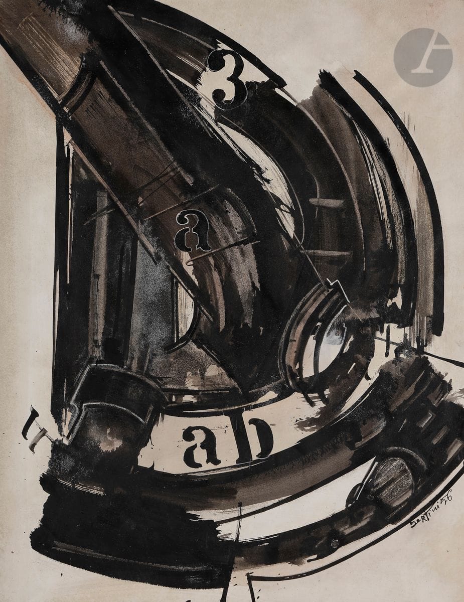 Gianni BERTINI [italien] (1922-2010)
3 AB, 1956
Encre et gouache sur papier monté sur toile.
Signée et datée à droite vers le bas.
Signée et datée au dos.
51 x 65 cm