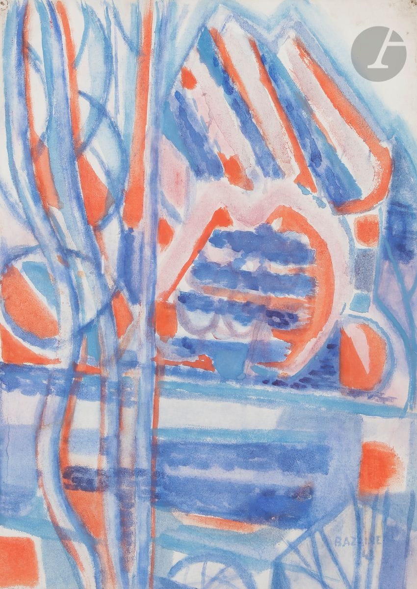 Jean BAZAINE (1904-2001)
Arbres au bord de l'eau, 1943
Aquarelle.
Signée et datée en bas à droite.
48 x 34 cm

Exposition : 
Galerie Louis Carré, Paris (étiquette au dos sur le montage).