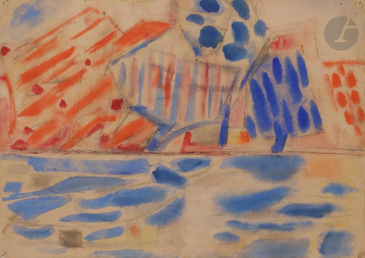 Jean BAZAINE (1904-2001
)Trees by the Water, 1942Watercolor
.
Signed and dated lower right.
(Thumbtack holes in the corners).
26 x 37 cmExhibition

: 
Galerie Louis Carré, Paris (label on the back on the mount)


.




