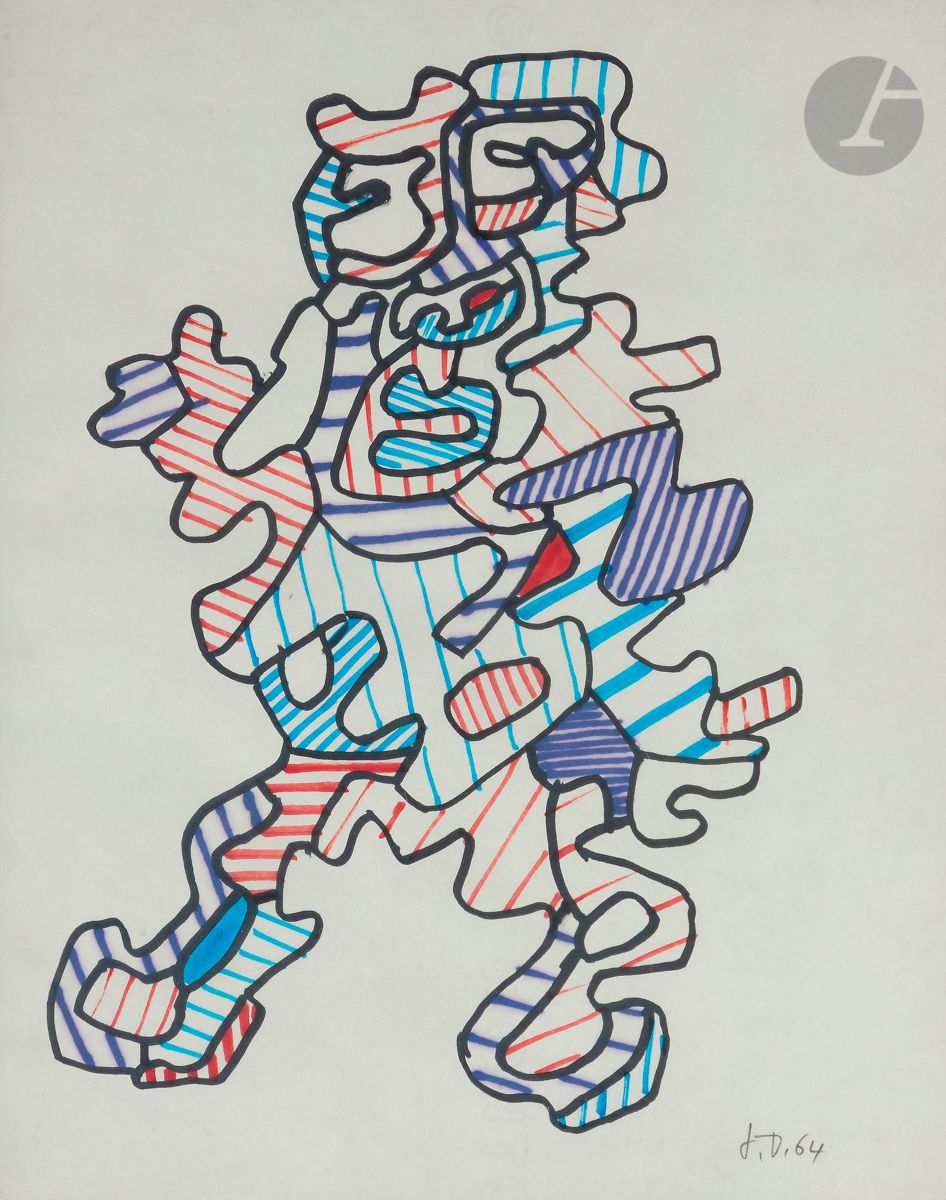 Jean DUBUFFET (1901-1985)
Personnage XVIII, 1964
Marker de couleurs.
Monogrammé et daté en bas à droite.
Porte au dos la mention "H 123".
27 x 21 cm

Provenance : 
- Galerie Beyeler, Bâle.
- Galerie Jeanne Bucher, Paris (étiquette au dos du montage).
- Collection Me Galland, Paris.

Bibliographie : 
Max Loreau, Catalogue des travaux de Jean Dubuffet, fascicule XXI, L'Hourloupe II , Paris, J. J. Pauvert, 1968, reproduit p. 22 sous le n° 26.

Nous remercions la Fondation Dubuffet pour les informations qu'elle nous a transmises.