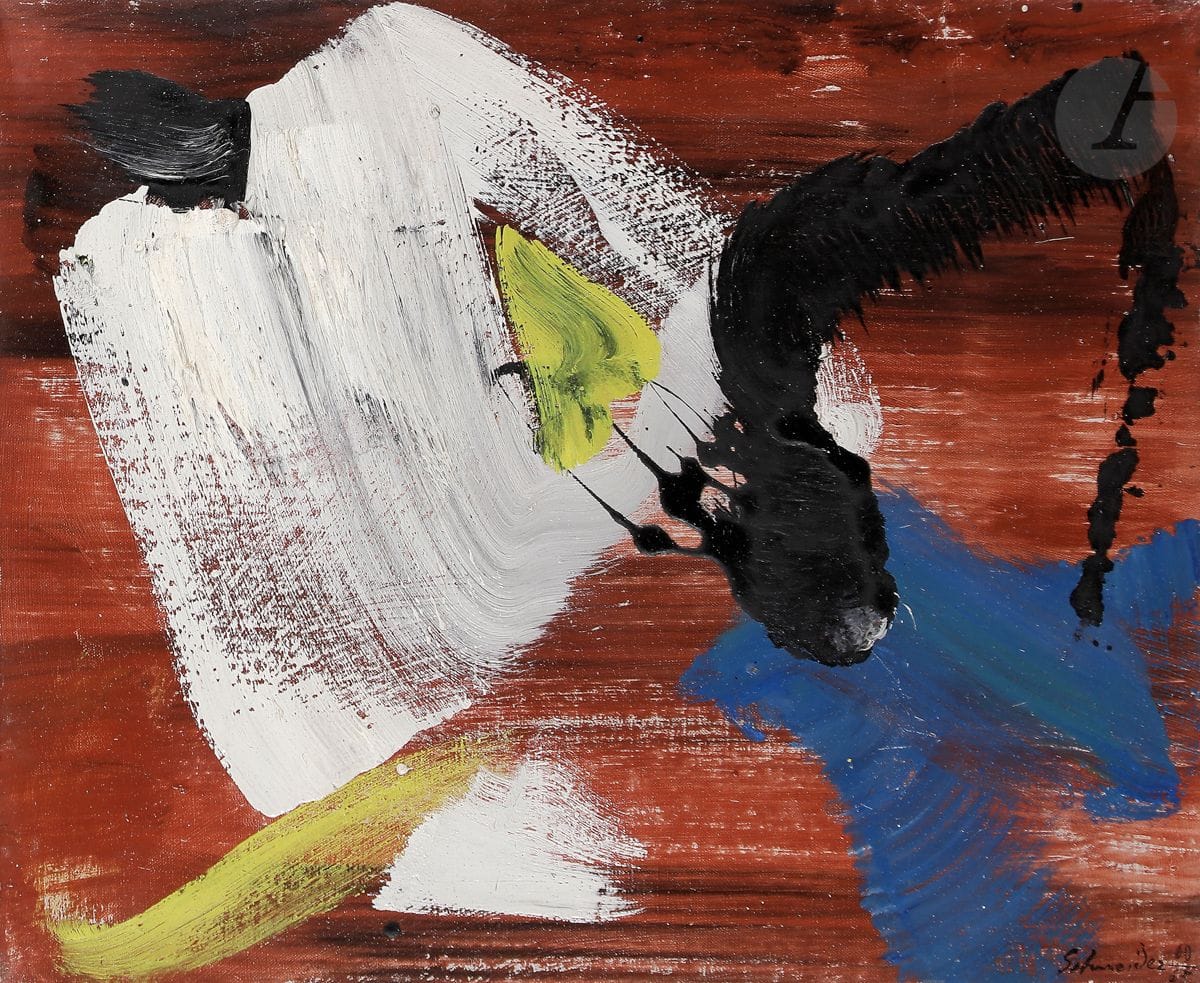 Gérard SCHNEIDER (1896-1986
)Opus 65H, 1965Oil
on canvas.
Signed and dated lower right.
Titled on the back.
38 x 46 cmProvenance

: 
Galerie Lorenzelli, Bergamo (his stamp on the back)



.


 


This work will appear under the n° GS-T-65-097 in the Catalogue Raisonné of the painted work of Gérard Schneider currently being edited by Mrs Laurence Schneider and Mr Christian Demare and published by the Galerie Diane de Polignac. The letter of inclusion in the Catalogue Raisonné of Gérard Schneider's painted work will be given to the purchaser.









