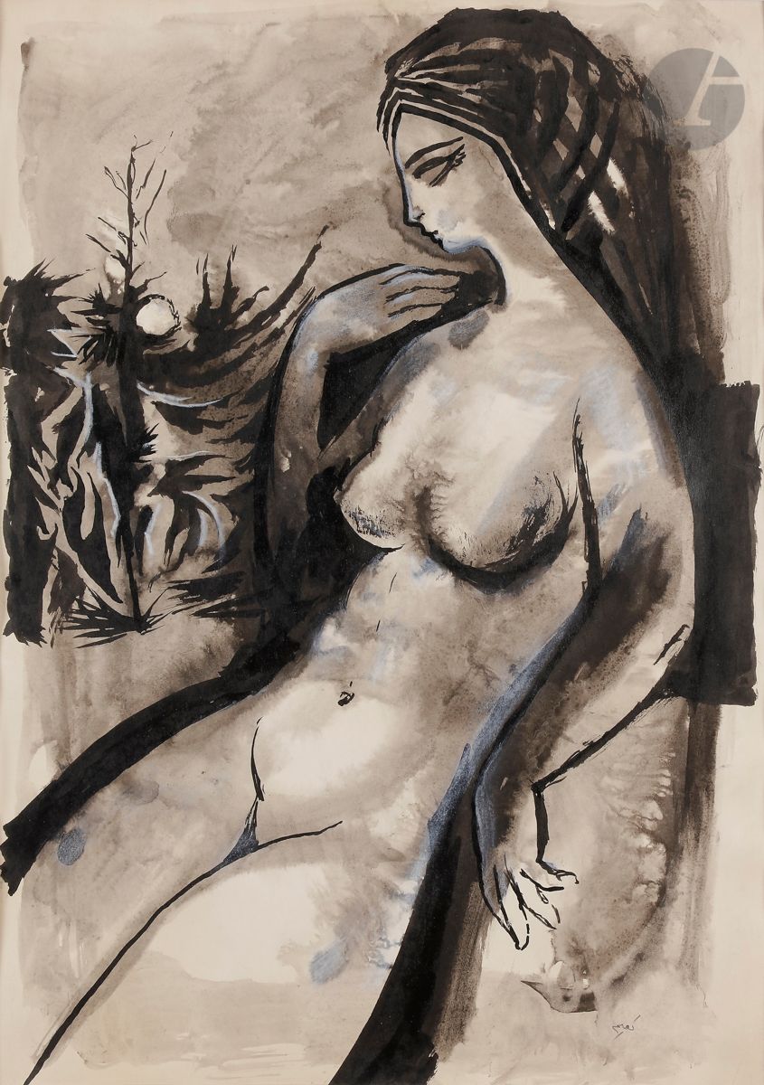 Naim ISMAIL [syrien] (1930-1979)
Nu pensif
Encre de chine et rehauts de gouache blanche.
Non signée.
48 x 38 cm

Provenance : 
- Galerie Anas Kamel, Beyrouth, Liban.
- Collection particulière. Œuvre acquise directement auprès de cette dernière en 2015.