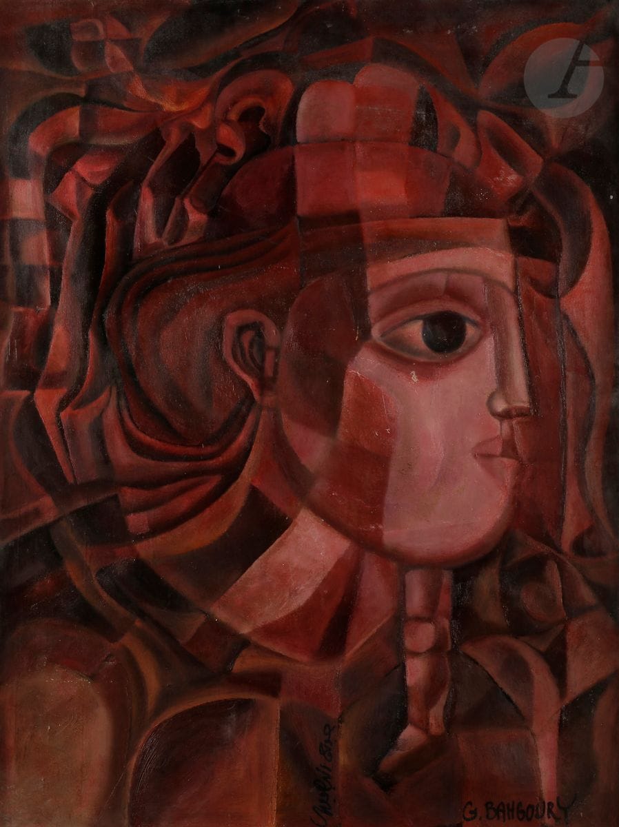 Georges BAHGORY [égyptien] (né en 1932)
Mère et enfant
Huile sur toile.
Signée en bas à droite.
Titrée au dos sur des étiquettes.
(Accidents et usures). 
98 x 74 cm