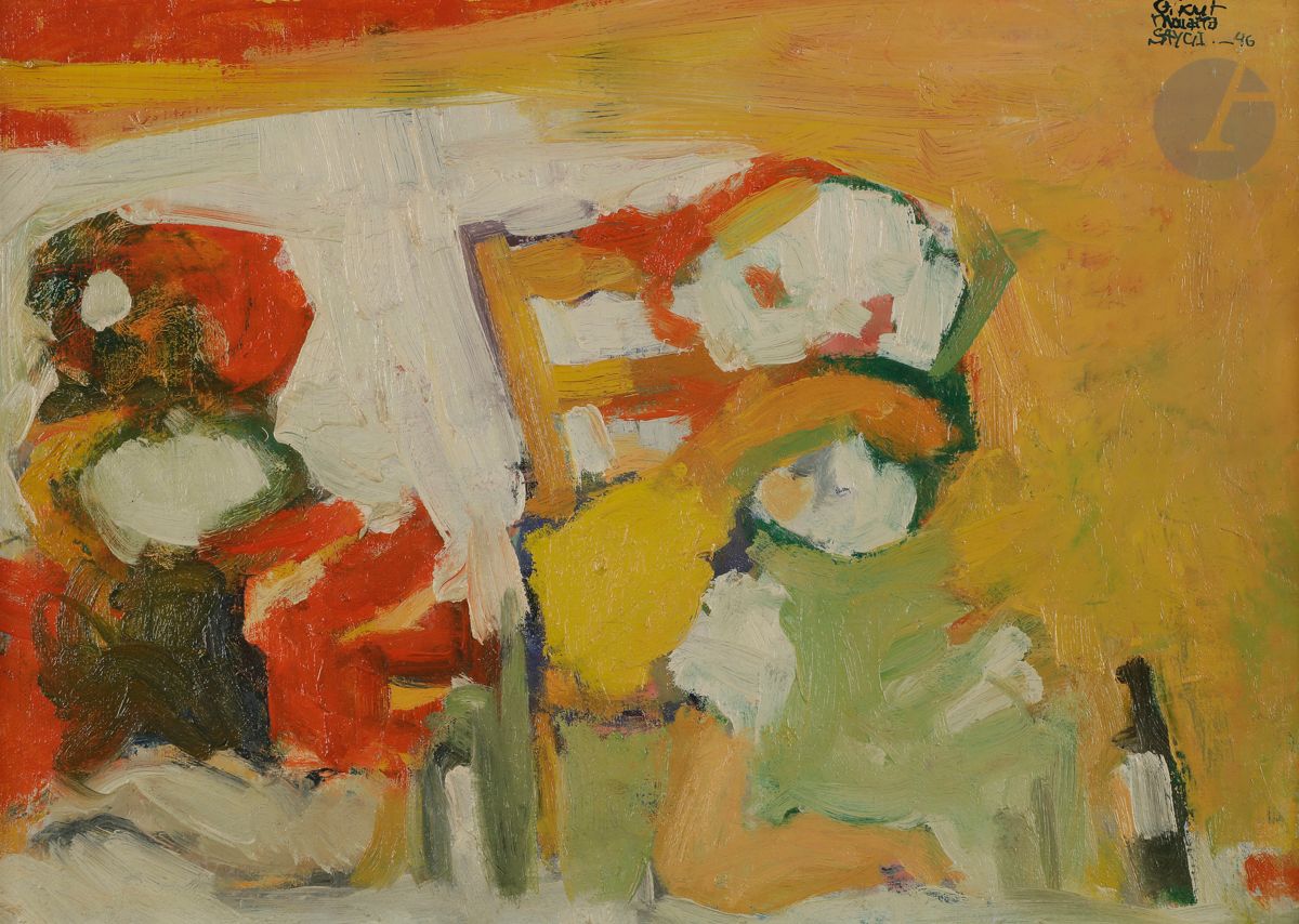 Fikret MOUALLA [turc] (1905-1968)
Au bistrot, 1946
Huile sur isorel.
Signée et datée en haut à droite.
33 x 41 cm

L'œuvre figure dans les archives du Comité Fikret Moualla. Un certificat d'authenticité pourra être remis à la charge de l'acquéreur.