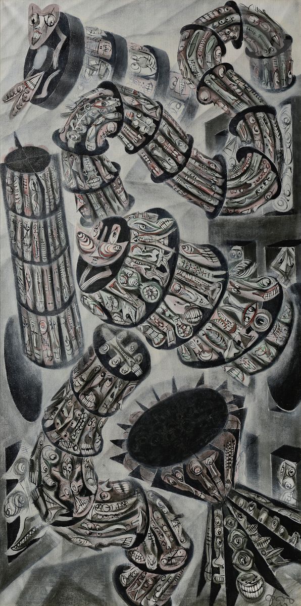Guðmundur Guðmundsson, dit ERRÓ [islandais] (né en 1932)
Laminoir, 1960
Huile sur toile.
Signée et datée en bas à droite.
Signée, datée et titrée au dos.
100 x 50 cm

Provenance : 
- Collection Mazzotta, Milan. 
- Galleria d'Arte del Naviglio, Milan (étiquette et tampon au dos).

Bibliographie : 
Erro, Catalogue général, Paris, Éditions du Chêne, 1976, reproduit p. 51 sous le n° 34.

Dans le Catalogue Raisonné, cette œuvre appartient à la série " Les Vestiaires Masqués ", réalisée entre 1959 et 1962.