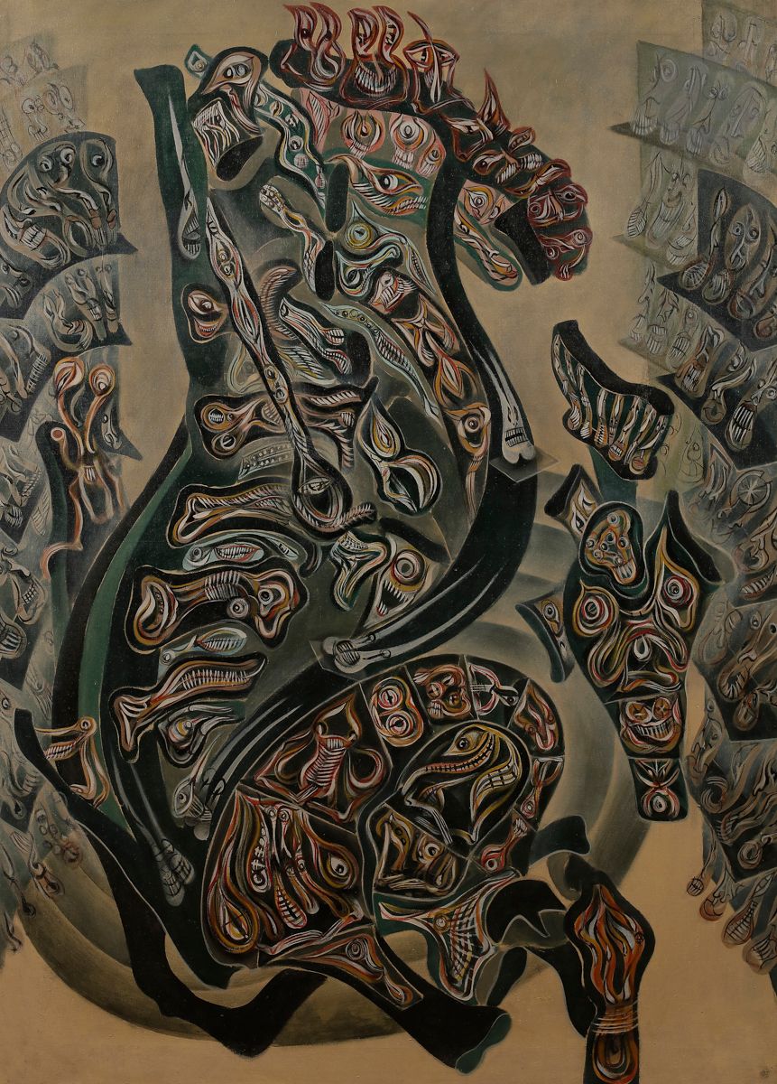 Guðmundur Guðmundsson, dit ERRÓ [islandais] (né en 1932)
Cheval Musculi-coaxiale, 1961
Huile sur toile.
Signée et datée au dos.
135 x 97 cm

Provenance : 
Vente Artcurial, Paris, 30 mai 2011, n° 417.

Bibliographie : 
Erro, Catalogue général, Paris, Éditions du Chêne, 1976, reproduit p. 67 sous le n° 23.

Dans le Catalogue Raisonné, cette œuvre appartient à la série " Les Usines ", réalisée entre 1959 et 1962.