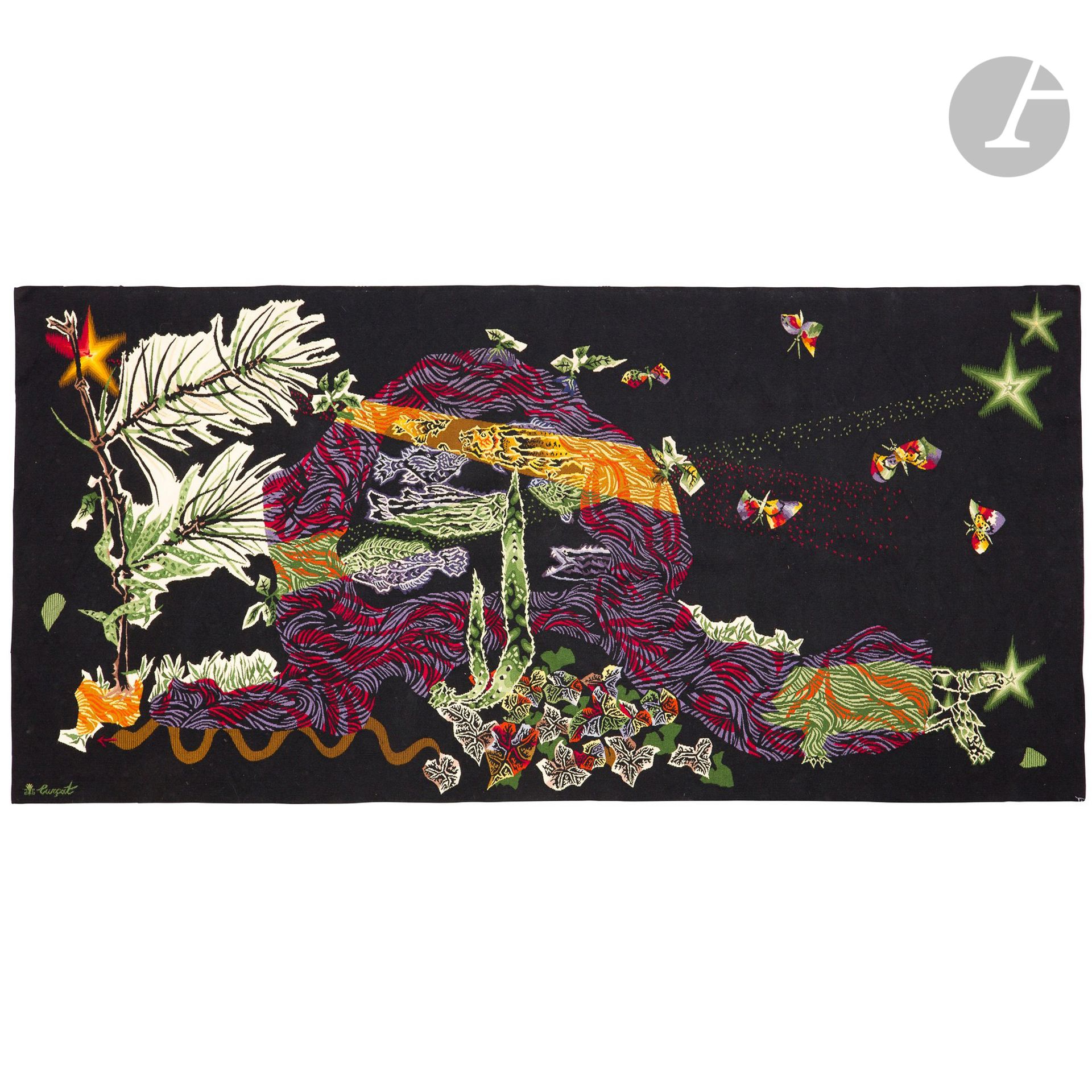 JEAN LURÇAT (1892-1966) CARTONNIER & ATELIER SUZANNE GOUBELY-GATIEN LISSIER À AUBUSSON - POUR LA DÉCORATION CONÇUE PAR JEAN-RENÉ PROU (1917-1983) DE L’APPARTEMENT DE M. ET MME R. À NEUILLY EN 1957-61
Deux lumières, 1960
Tapisserie de lice.
Laines de couleur.

Signée LURÇAT et du monogramme G. G. (adossés) de l’atelier Suzanne GOUBELY-GATIEN dans la trame en bas à gauche, porte le bolduc au dos contresigné par Jean LURÇAT et portant les mentions de titre, de dimensions, du numéro de carton 1900, d’éditeur et du numéro de matricule 1802.
153 x 297 cm

Important :
Une copie de la facture d’origine (biffée) établie le 29 octobre 1960 par la Galerie La Demeure sera remise à l’acquéreur.

Provenance :
- M. et Mme R., Neuilly-sur-Seine. D’une entière décoration conçue par Jean-René Prou entre 1957 et 1961 pour leur appartement situé au rez-de-chaussée de l’immeuble construit en 1909 par le grand-père de M. R.
- M. R., fils des précédents.