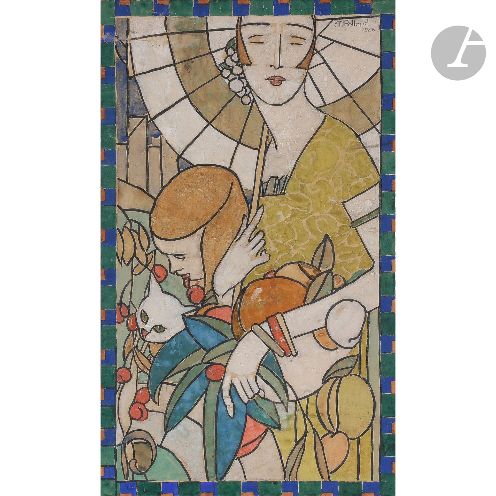 ALFRED PELLAN (1906-1988) (ALFRED PELLAND, DIT
)Young woman with a little girl, a cat and a fruit basket, 1926Watercolor
and gouache on paper pasted on cardboard.
Possible stained glass cardboard.
Restorations, tears, creases and pinholes.
Signed and dated A. PELLAND 1926 in the upper left corner.
106 x 68,5 cm





