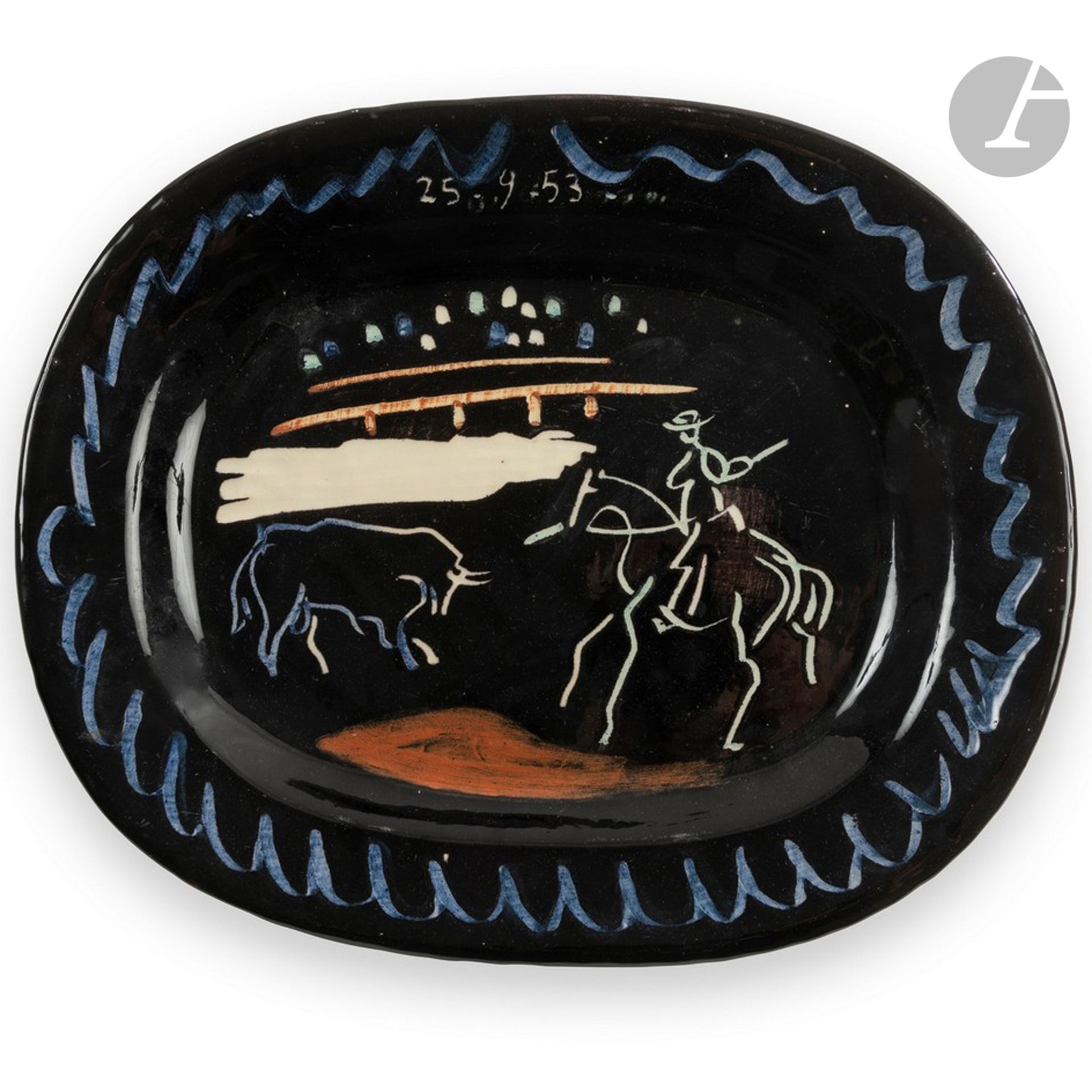 PABLO PICASSO (1881-1973) & ATELIER MADOURA 
Corrida black background, the model created on [September 25, 1953]
Rectangular dish.
Limited authentic replica, edited and produced at five hundred copies at Madoura. 
Proof in white earthenware, the decoration with engobes and engraved with the knife under cover; blue, green, red, white, black bottom.
Bears the stamps in hollow D'après PICASSO and MADOURA Plein Feu on the back. 
Length: 37,8 cm - Width: 31 cmProvenance

:
Private collection, Centre-Val de Loire region, France


.




Bibliography :
Alain Ramié - Picasso, catalogue of the ceramic work published 1947-1971 - Madoura Editions, 1988
.
Identical model reproduced on page 108 and referenced under the number 198.











