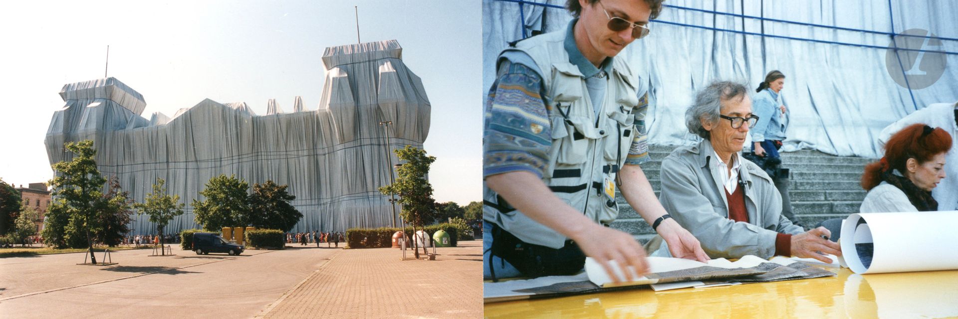 Photographe non identifié
Emballage du Reichstag par le couple d'artistes Christo et Jeanne-Claude, 1995.
Le Reichstag. L'installation de la toile. Le couple Christo et Jeanne-Claude supervisant l'installation. 
Six épreuves chromogéniques d'époque. Date au verso (1). 
Format : de 9 x 12,5 à 10 x 14,8 cm

Unidentified photographer
Packaging of the Reichstag by Christo and Jeanne-Claude, 1995. 
The Reichstag. Installation of the cloth. Christo and Jeanne-Claude supervising the installation. 
Six vintage chromogenic prints. Date on verso (1). 
Dimensions: from 9 x 12.5 to 10 x 14.8 cm