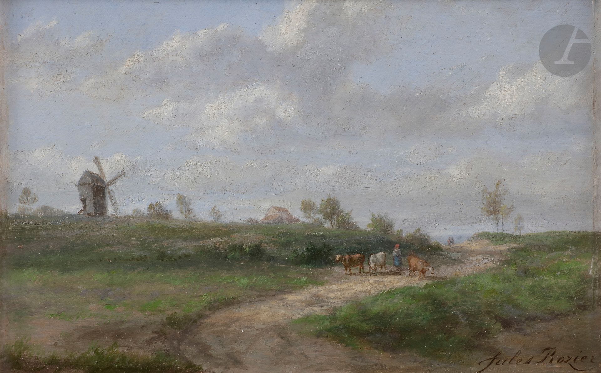Jules ROZIER (Paris 1821 - Versailles 1882)
Paysage au moulin
Panneau.
Signé en bas à droite : Jules Rozier
10 x 16 cm