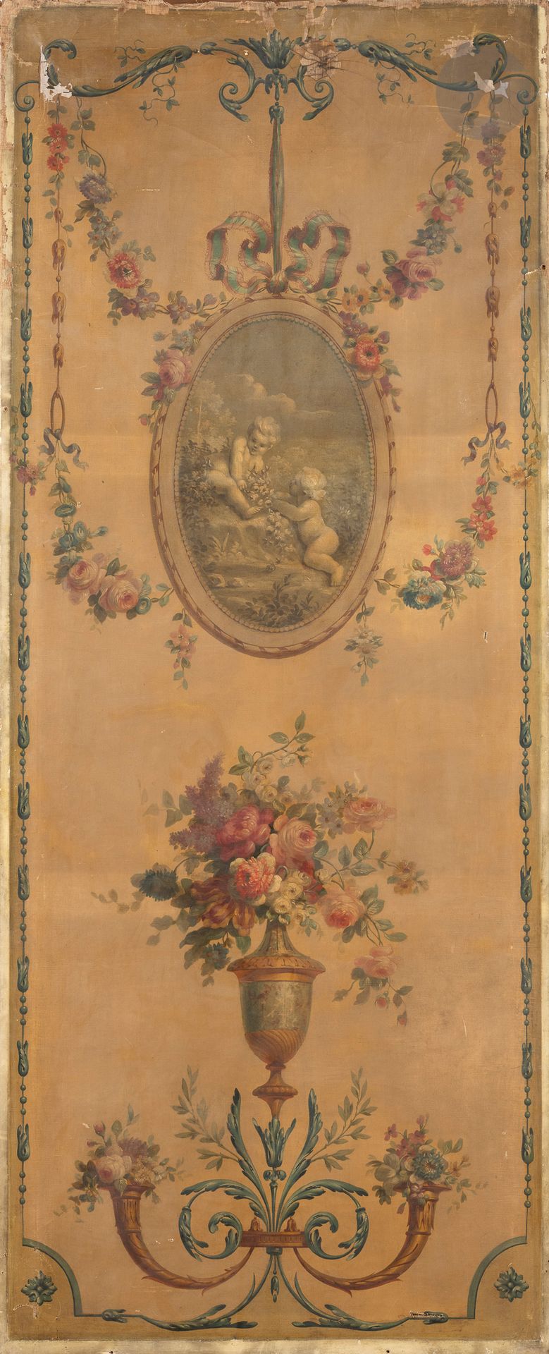Dans le gout d’Henri SALLEMBIER
Ornements avec l’allégorie du Printemps et de l’Automne
Paire de toiles d’origine.
Sans cadre.
241 x 98 cm
Accidents et manques.