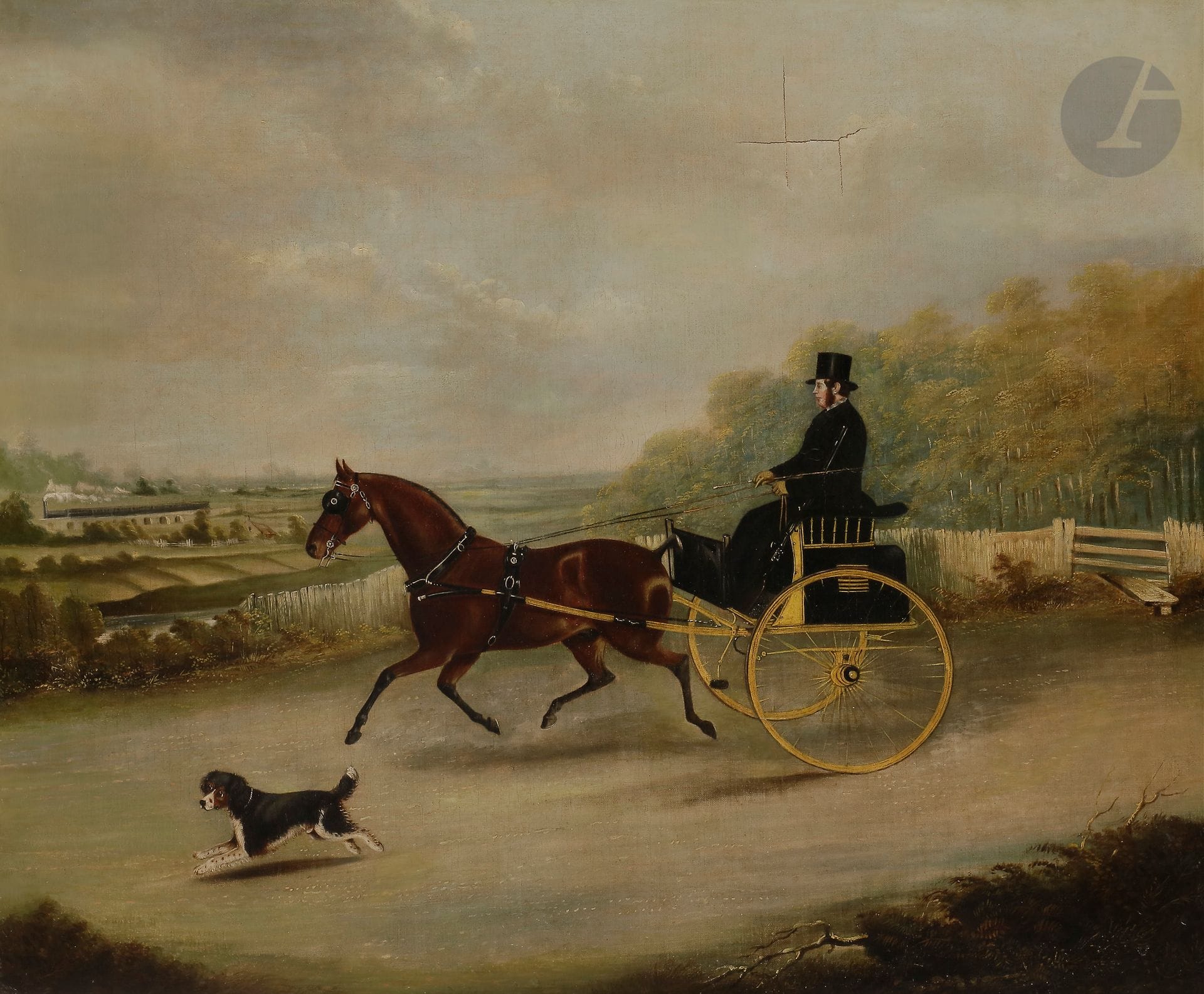 école anglaise du xixe siècle
La promenade en sulky
Toile d’origine.
Sans cadre.
63 x 76 cm
Restaurations anciennes et accident.