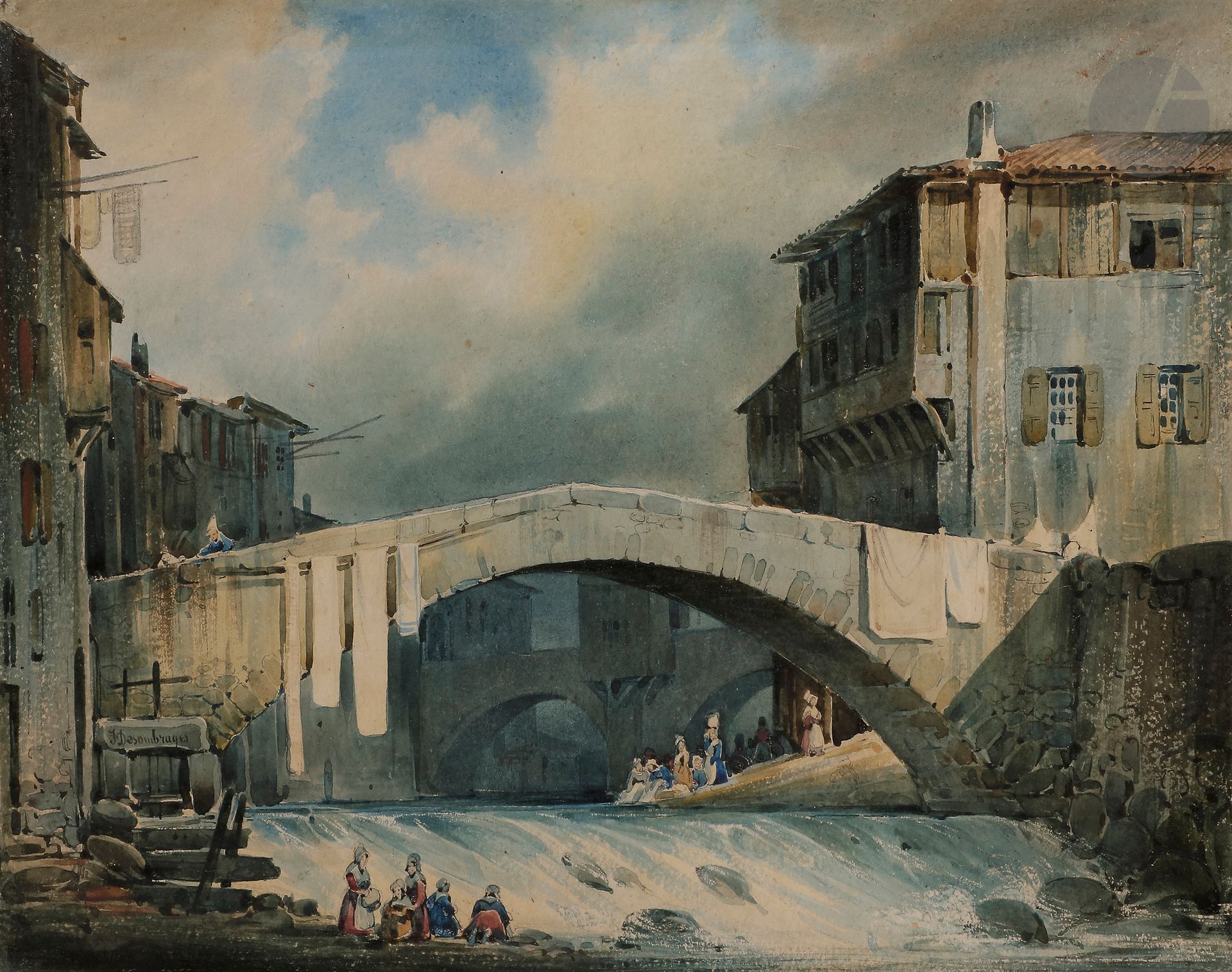 Joseph Vézien DESOMBRAGES (1803-1873)
Annonay, lavandières au pont d’Algelas
Aquarelle.
Signée en bas à gauche.
21 x 27,5 cm

Provenance :
Vente Maître Tajan, Paris, 28 novembre 2002, lot 160 (mention manuscrite au dos sur le montage)