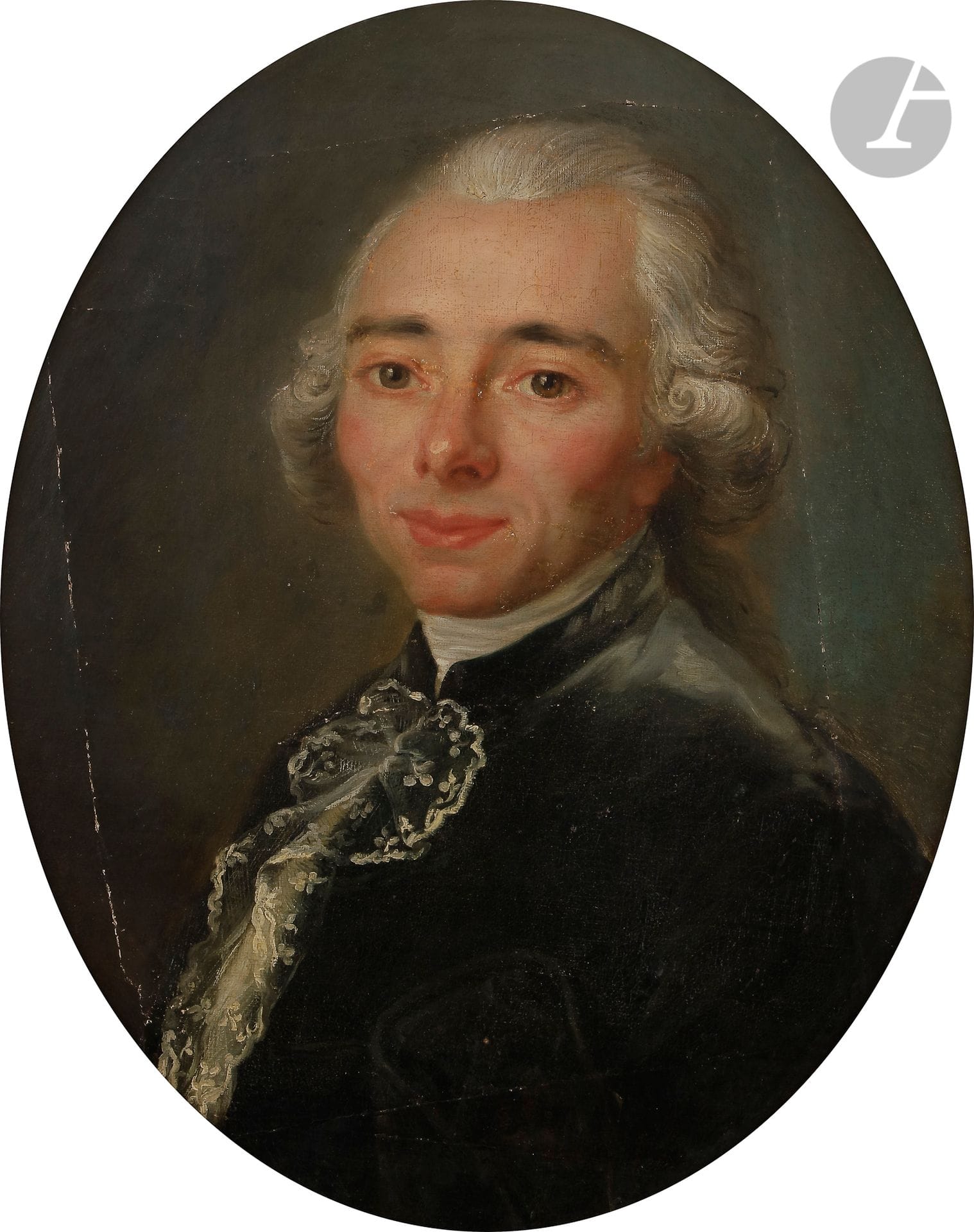 école française du xviiie siècle
Portrait présumé de M. Cury, avocat au Parlement de Paris, conseiller du roi aux eaux et forêts de France
Toile ovale
52 x 42 cm
Restaurations anciennes.
Griffures et accidents.
étiquette au revers du châssis avec le nom.
