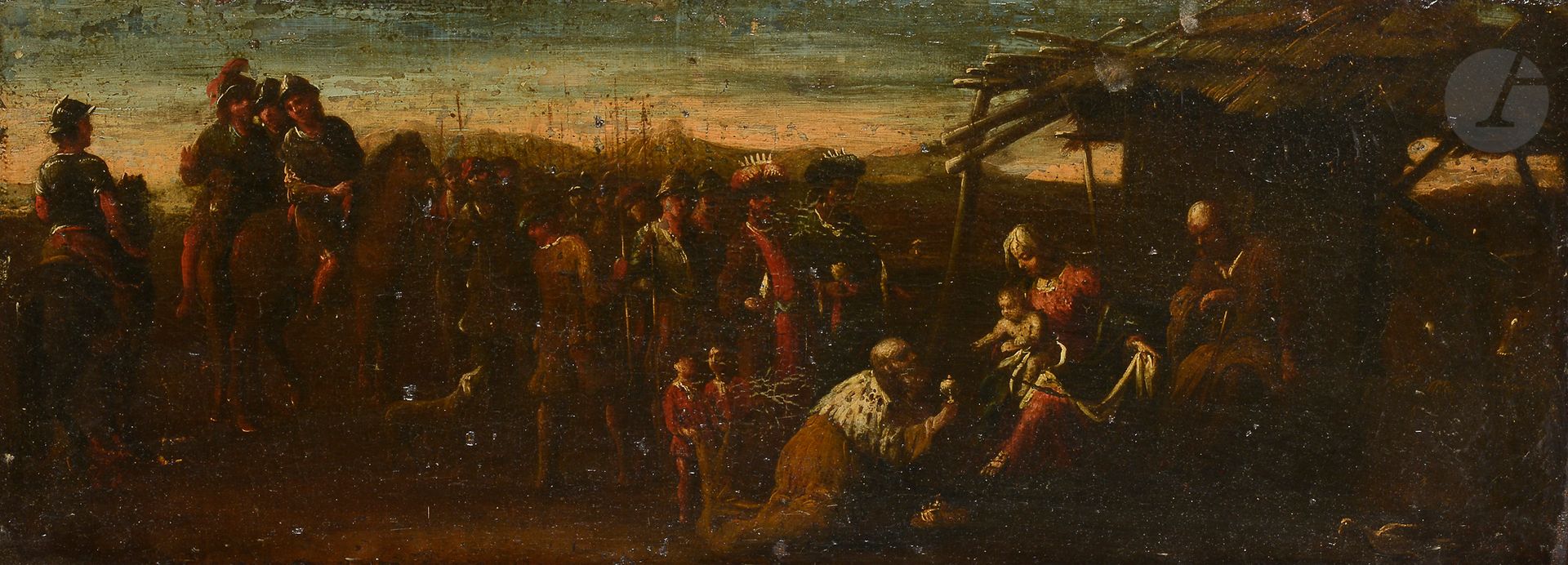 école napolitaine du xviie siècle
L’Adoration des Mages
Toile.
22 x 58 cm
Restaurations anciennes et manques.