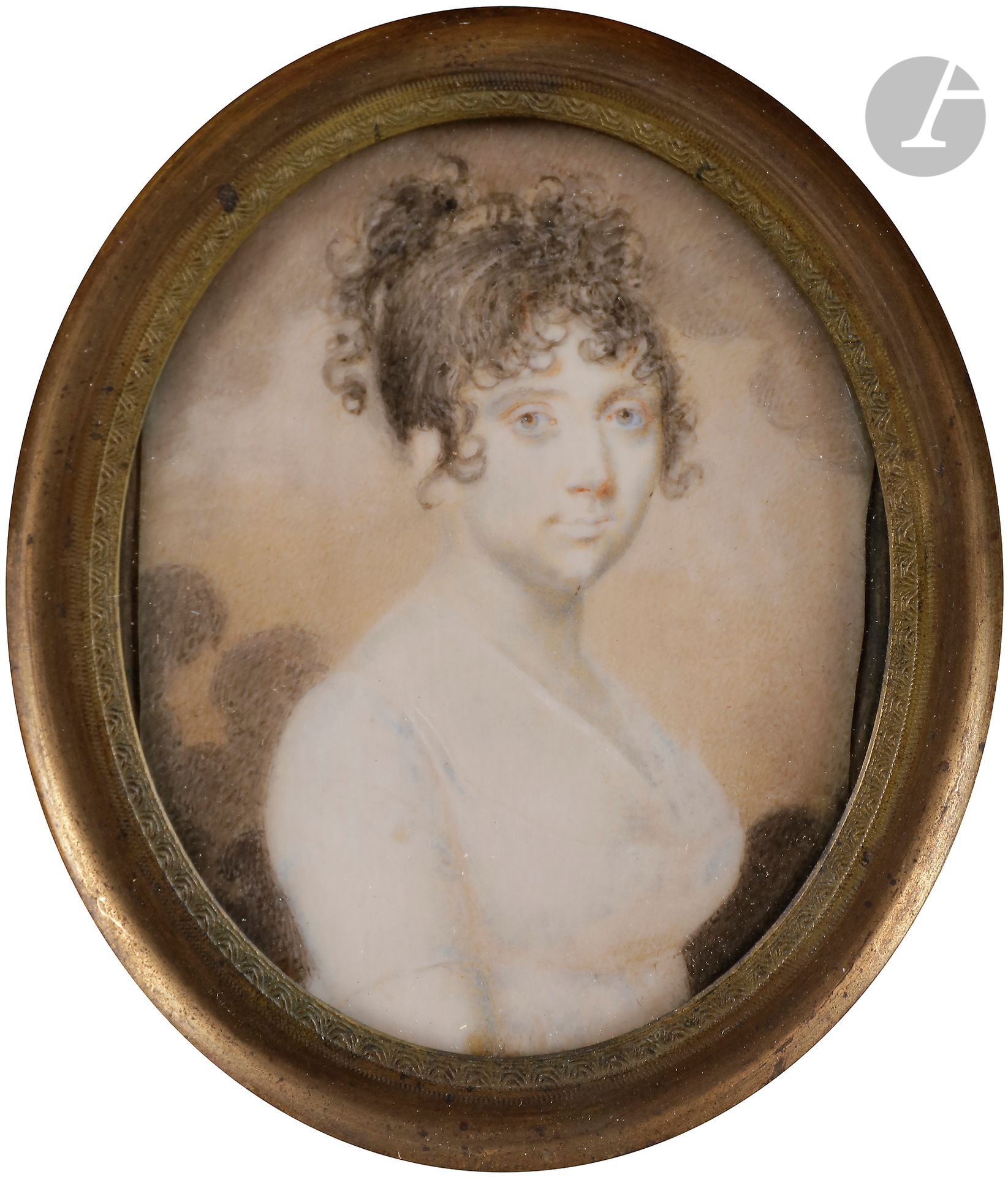 Savorin LEREBOURS (circa 1773 - after 1816
)Young woman from ¾ on the right in a white dress from the Directoire period, on a pink and cloudy sky backgroundMiniature
on ivory signed on the top left (under the frame) Lerebours, circa 1798-1800, oval 6,8 x 5,5 cm, mahogany veneer frame (sunburnt

)



J.-F. FEUILLE (active in 1838, reported in New Orleans and Los Angeles)
Woman with moles, headbanded, in black dress
.

S.g.: Leaf, miniature on ivory circa 1840, oval, H. 6.5 x 5 cm, wooden frame, weight 171 g (for both)





