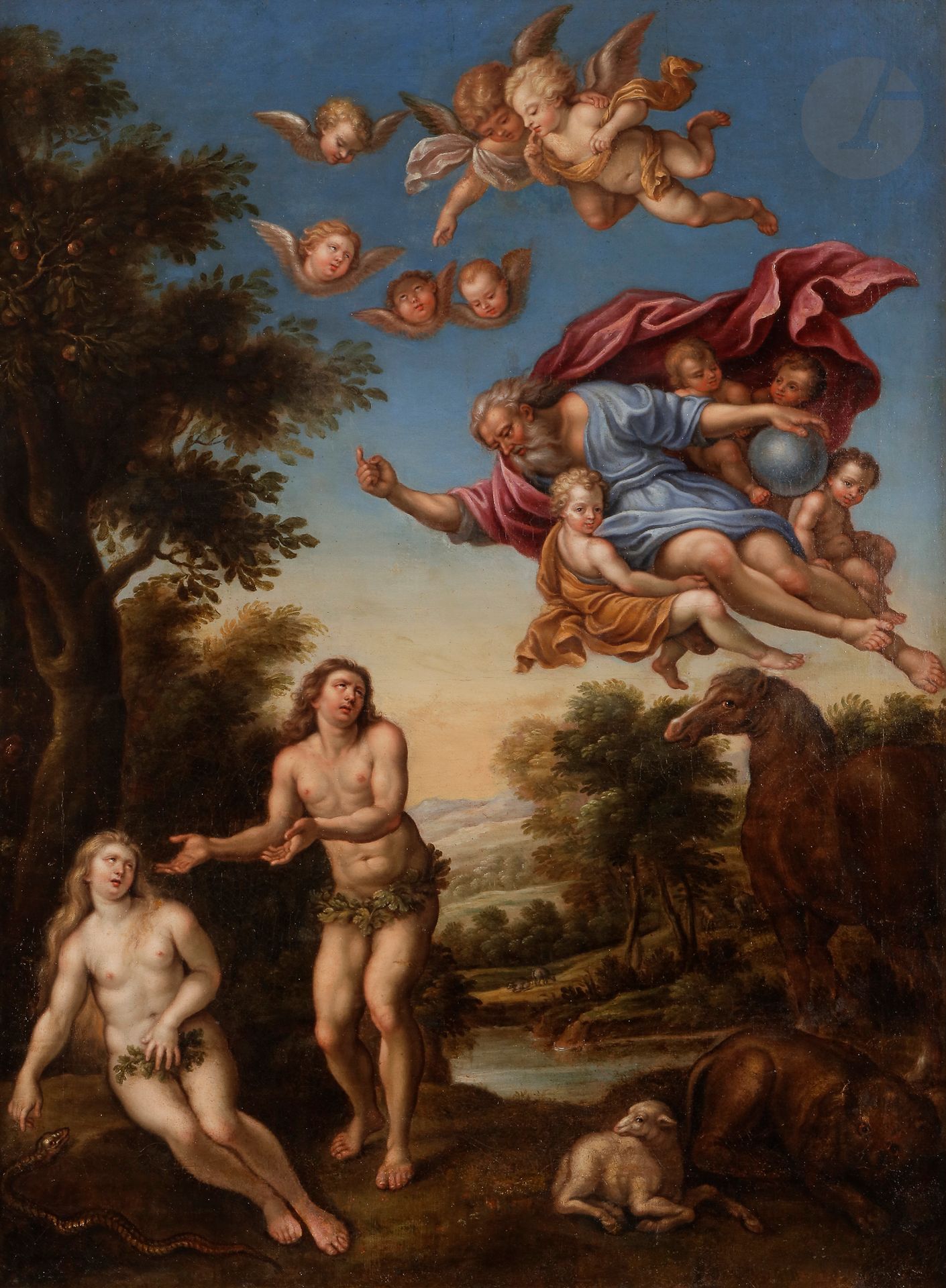 école Bolonaise vers 1700,
suiveur du Dominiquin
Adam et ève chassés du paradis
Toile.
92 x 68 cm
Restaurations anciennes.

Notre tableau est la reprise de la composition du Dominiquin conservée à Grenoble.

Provenance :
Vente anonyme, Paris, Hôtel Drouot, 13 décembre 2006 (PIASA), n° 38 (école italienne du XVIIIe siècle)