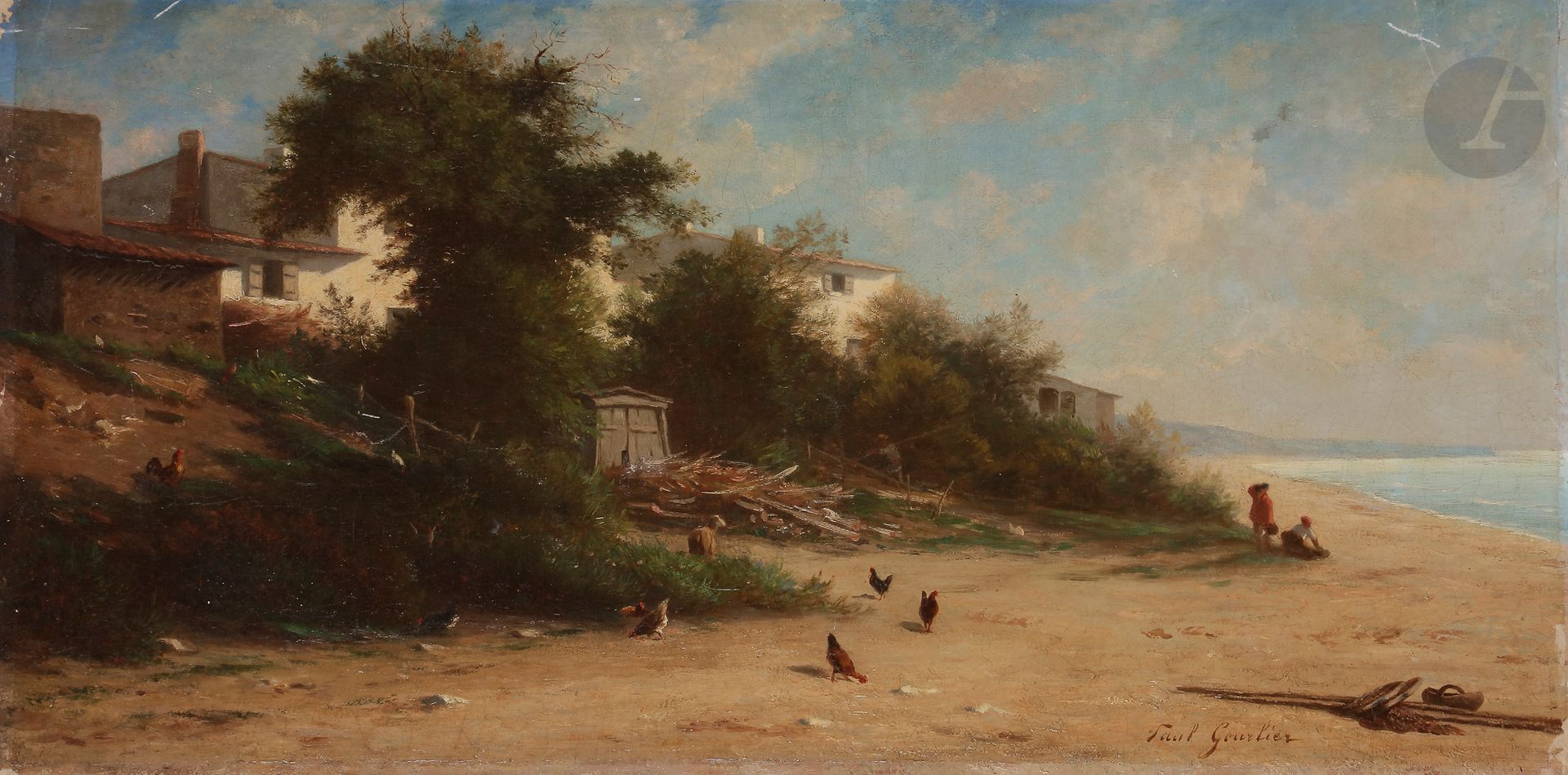 Paul Dominique GOURLIER (1813-1869)
La Basse-cour sur la plage
Toile.
Signée en bas à droite.
40 x 80 cm
Restaurations, enfoncements et petits manques.