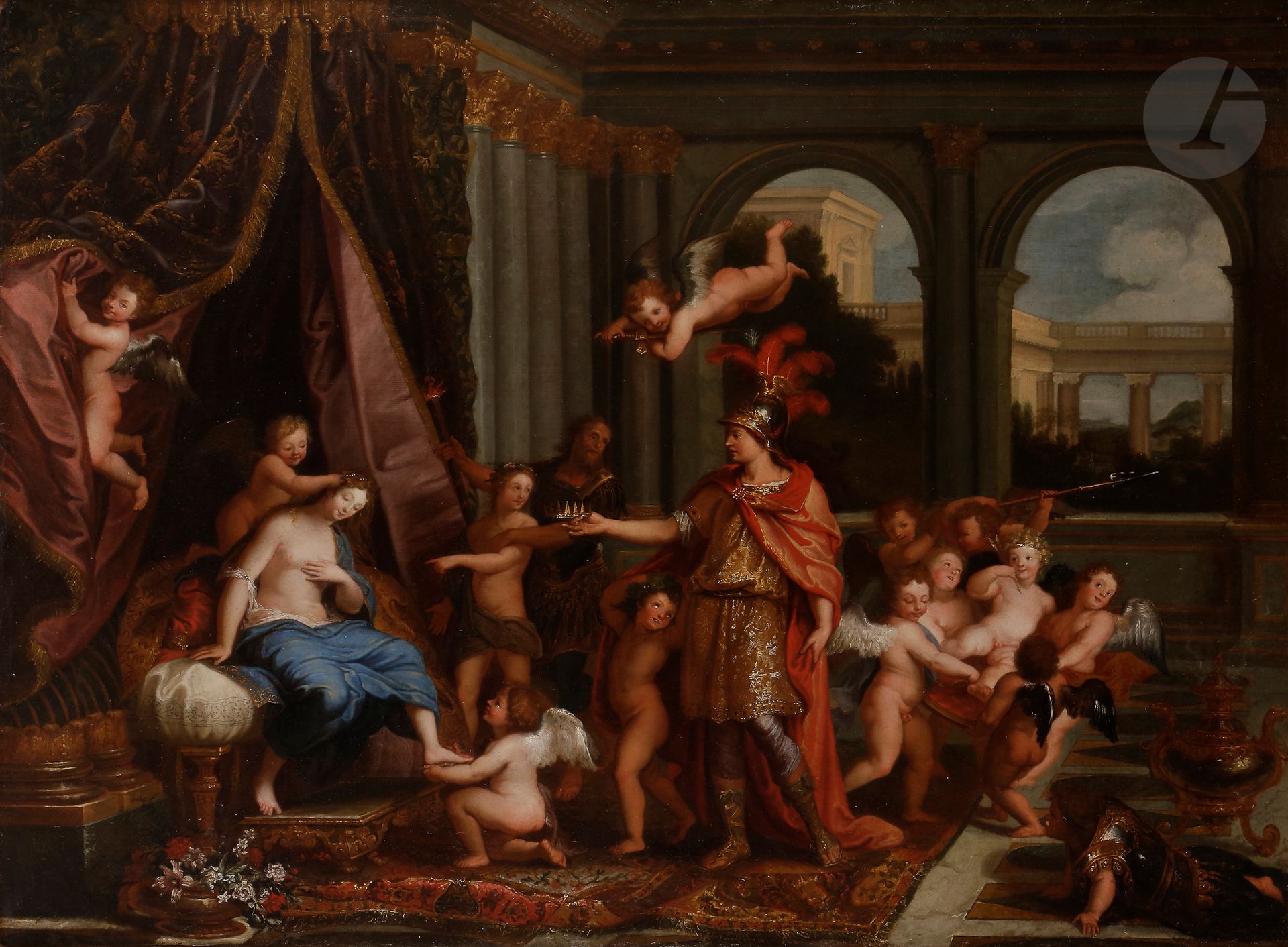 école française du XVIIe siècle, atelier d’Antoine COYPEL
Le mariage d’Alexandre et de Roxane
Toile.
90,5 x 117 cm
Restaurations anciennes.
Reprise de l’oeuvre d’Antoine Coypel connue par la tapisserie conservée au Mobilier national (voir A. Garnier, Antoine
Coypel (1661-1722), Paris, 1989, n° 16 reproduit fig. 30)