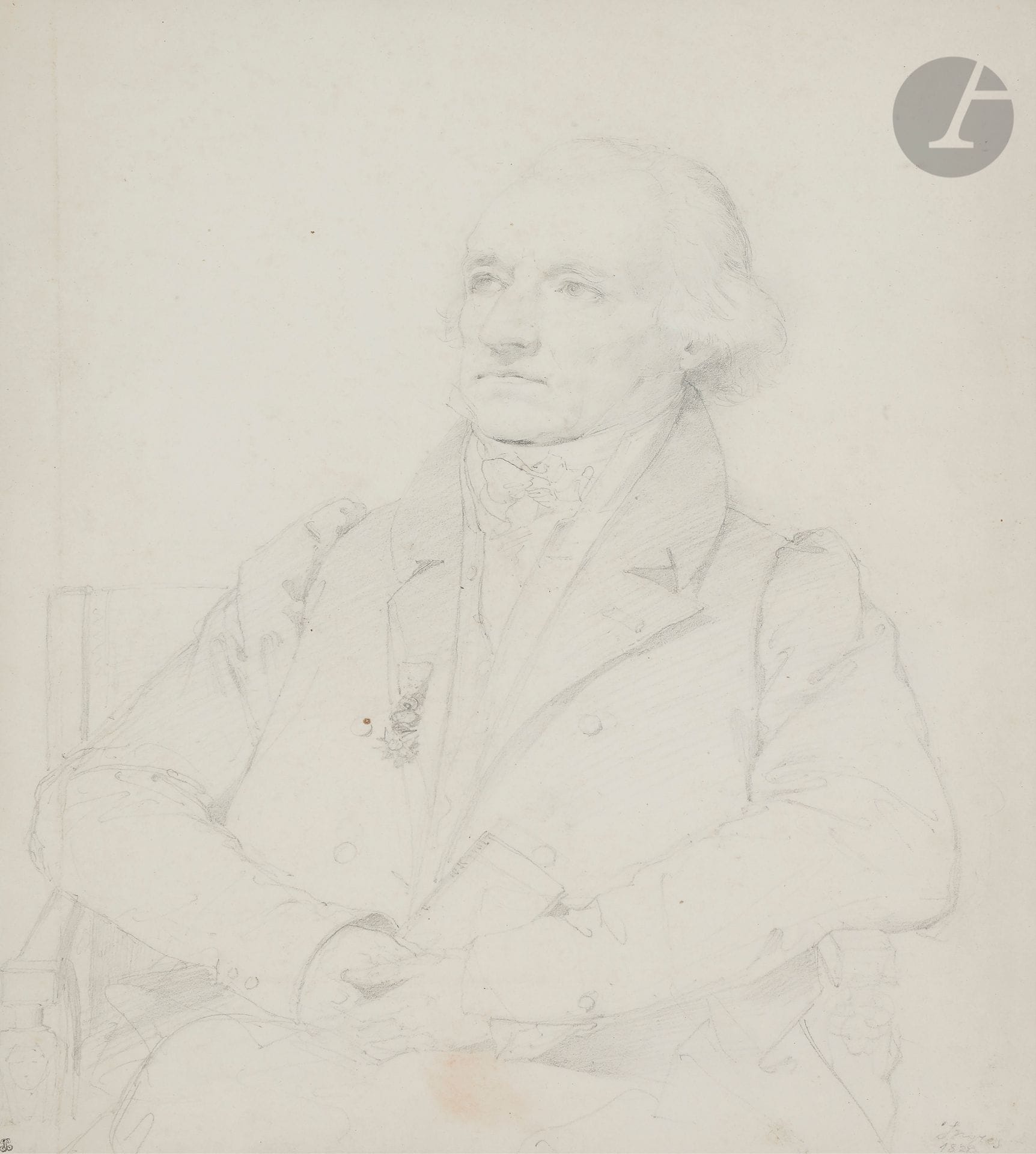 école française du XIXe siècle
Portrait d’homme tourné vers la gauche portant la légion d’honneur
Crayon noir.
Annoté et daté en bas à droite Ingres 1825
(Pliures et petites taches et légèrement)
30 x 24,5 cm

Provenance :
Ancienne collection Chennevières, son cachet.