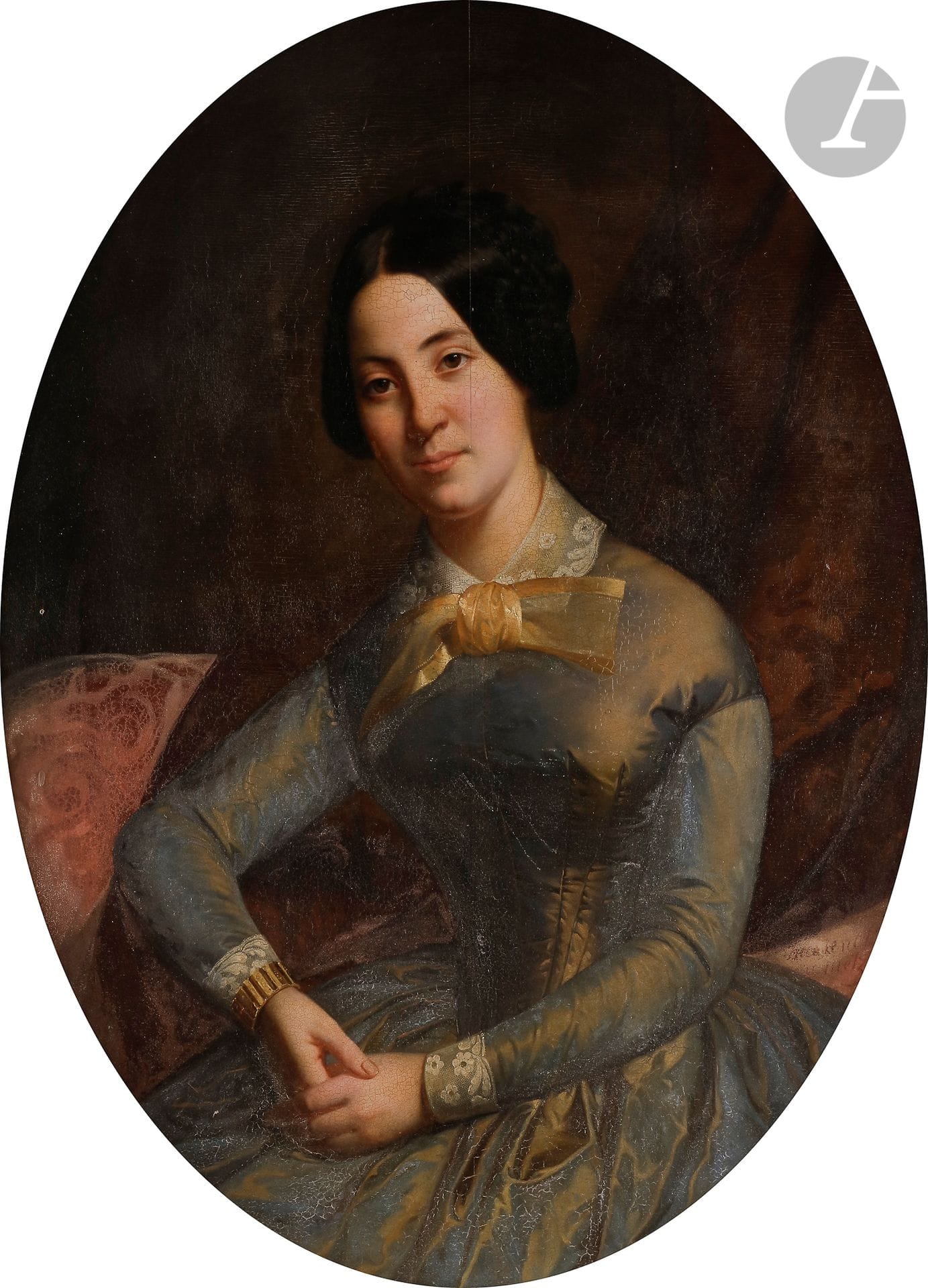 école française VERS 1850
Portrait de femme au ruban
Panneau de châtaignier, deux planches, parqueté.
Signé A.A. Metz en bas vers la droite.
96 x 70 cm
Manques.