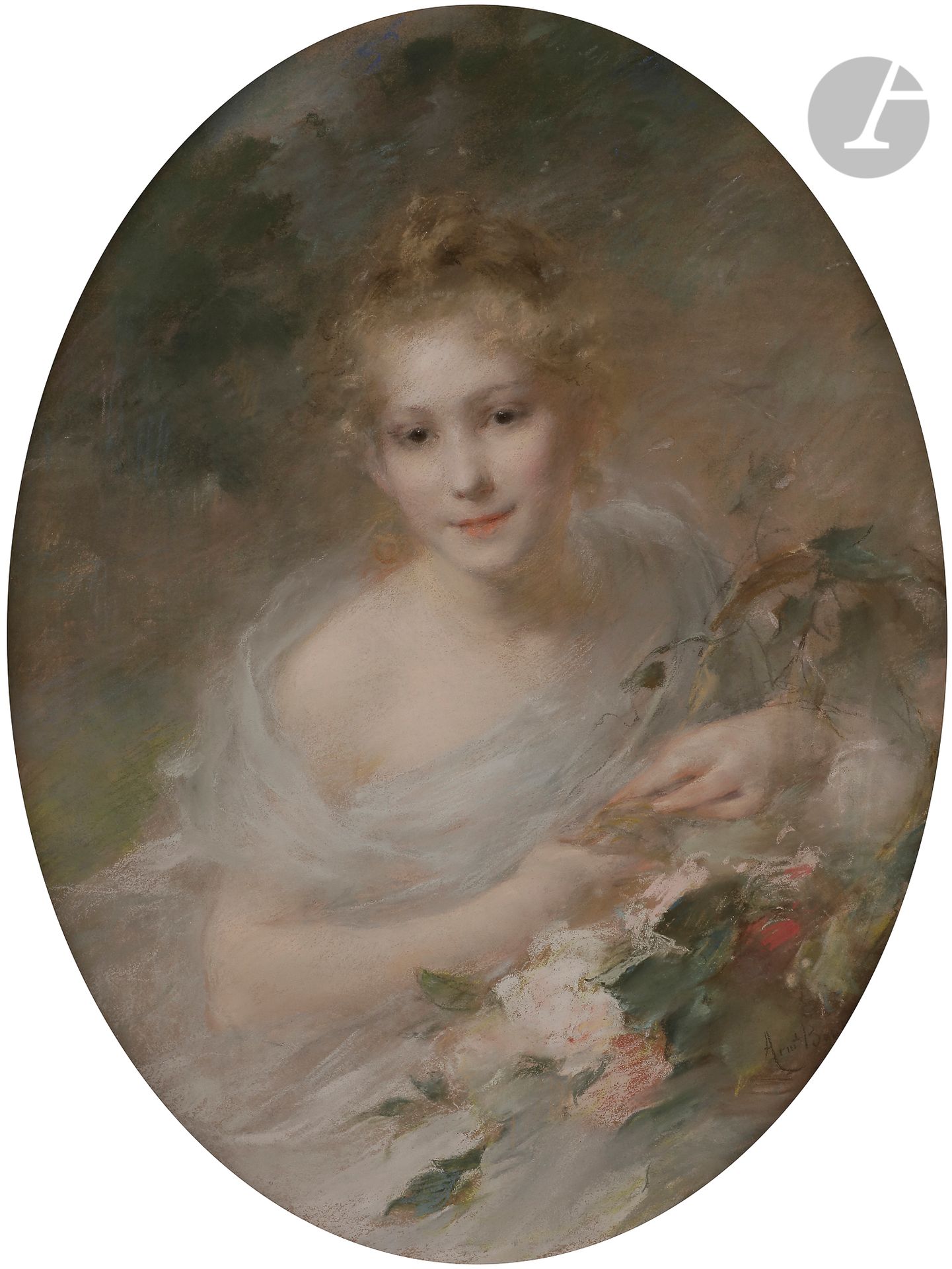 Armand BERTON (1854 - 1917)
Portrait de femme au bouquet de fleurs, 1891
Pastel, ovale.
Signé et daté en bas à droite.
69,5 x 63 cm