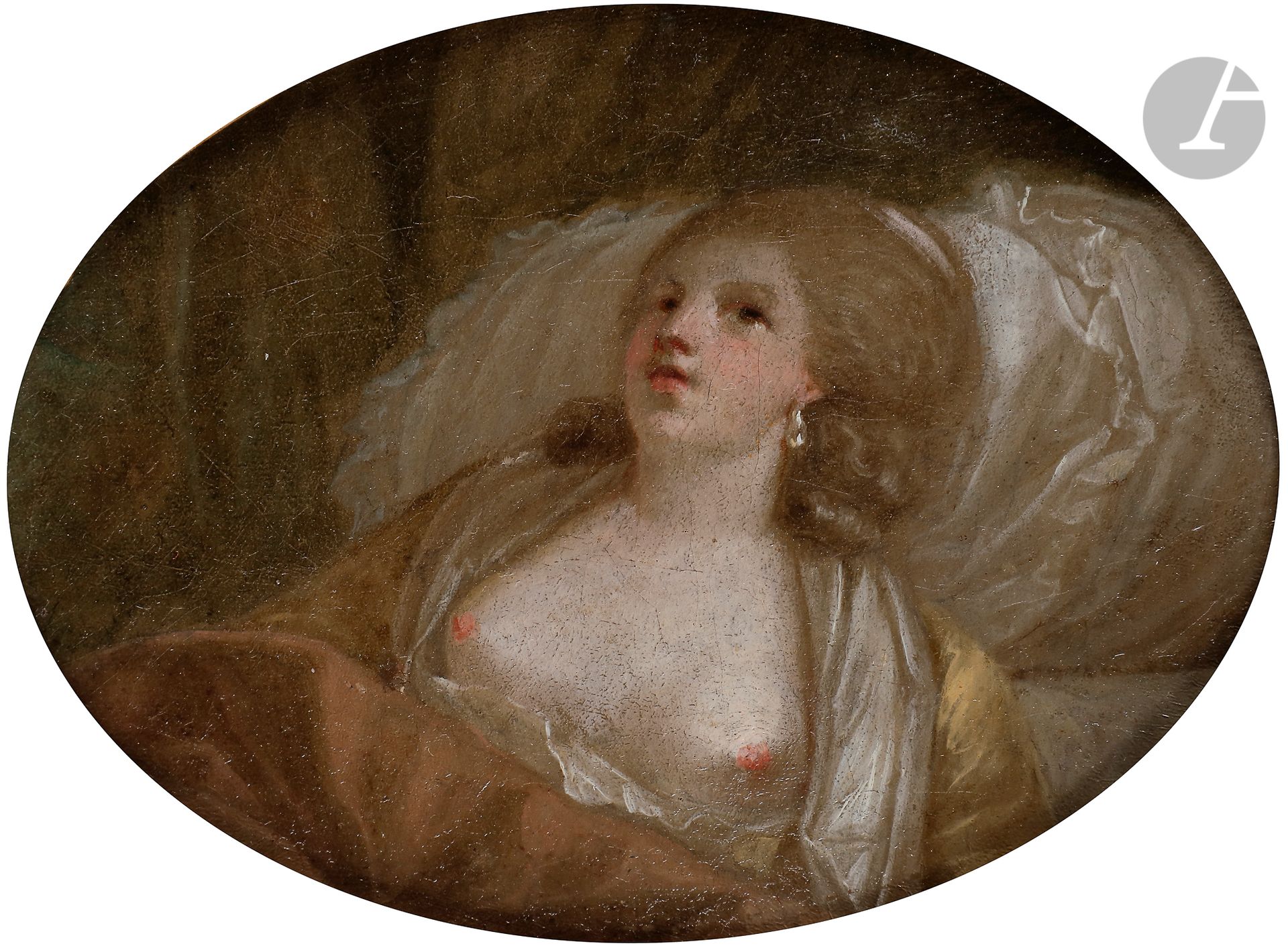 école française du xviiie siècle
La Voluptueuse, Femme alanguie dans son lit, les seins nus
Toile ovale marouflée sur carton.
12,7 x 16,4 cm
Cadre en bois doré à décor d’un rang de perles et de raies de coeurs, ovale.
20,5 x 24,2 cm