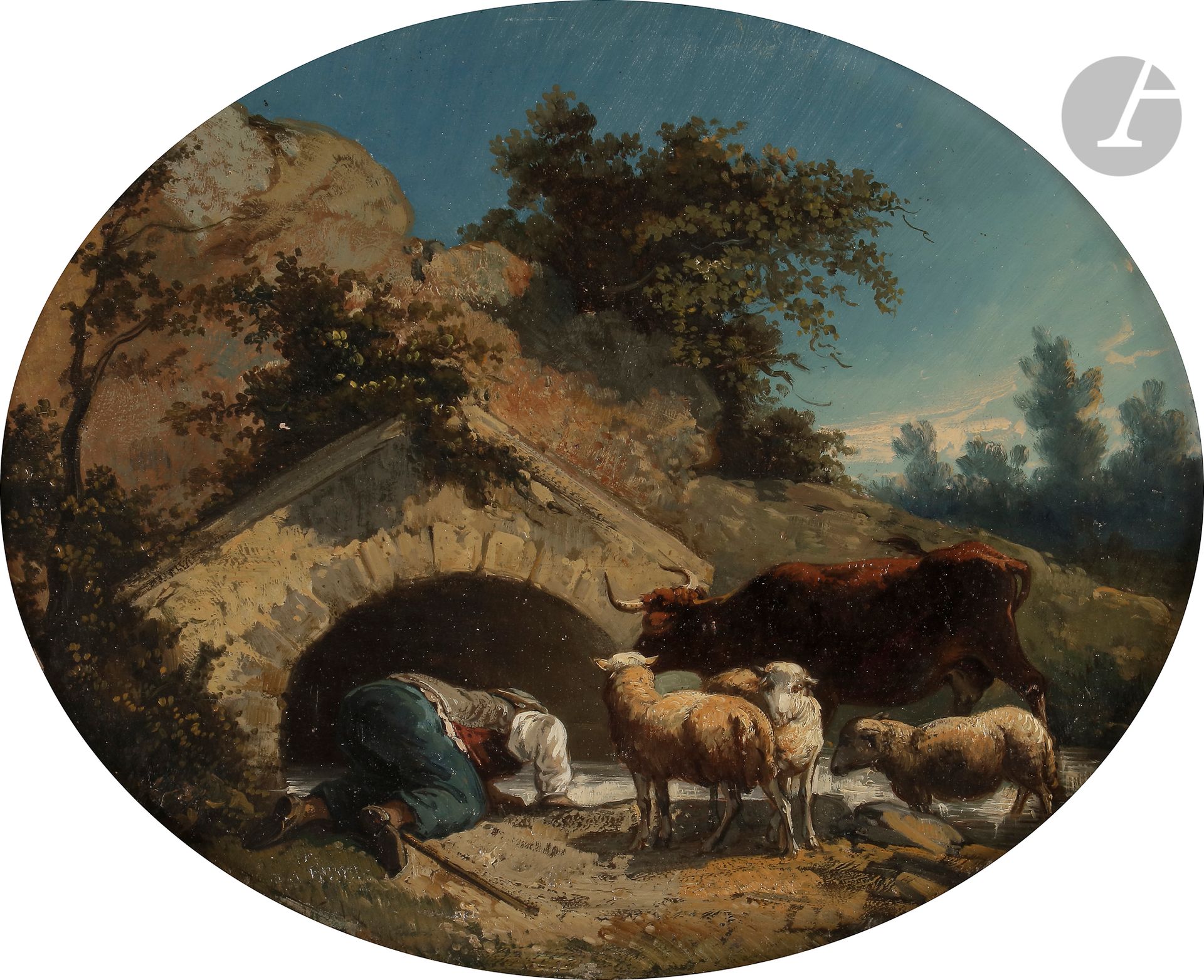 école française du XIXe siècle
Berger et troupeau près d’un pont
Panneau ovale.
46 x 37 cm
Restaurations anciennes.