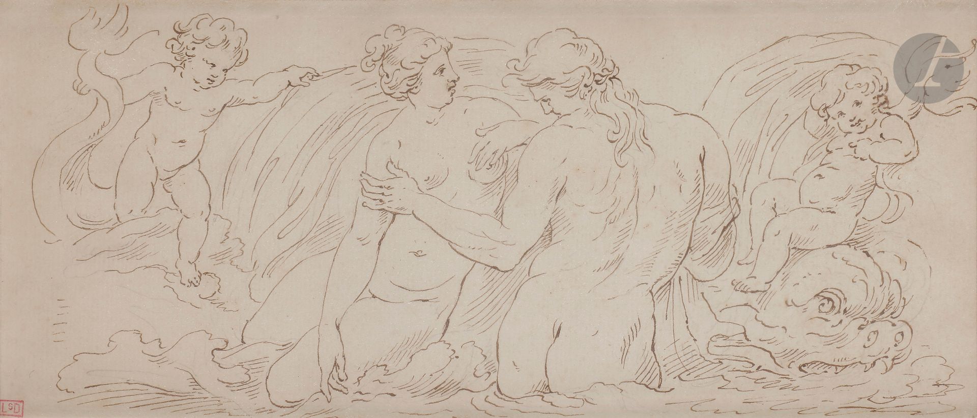 P. Van REYSSCHOTT (1738-1795)
Femme et Dieu Fleuve
Plume, encre brune sur traits de crayon noir.Cachet en bas à gauche.
28 x 12,5 cm

Provenance :
Ancienne collection Deglatigny