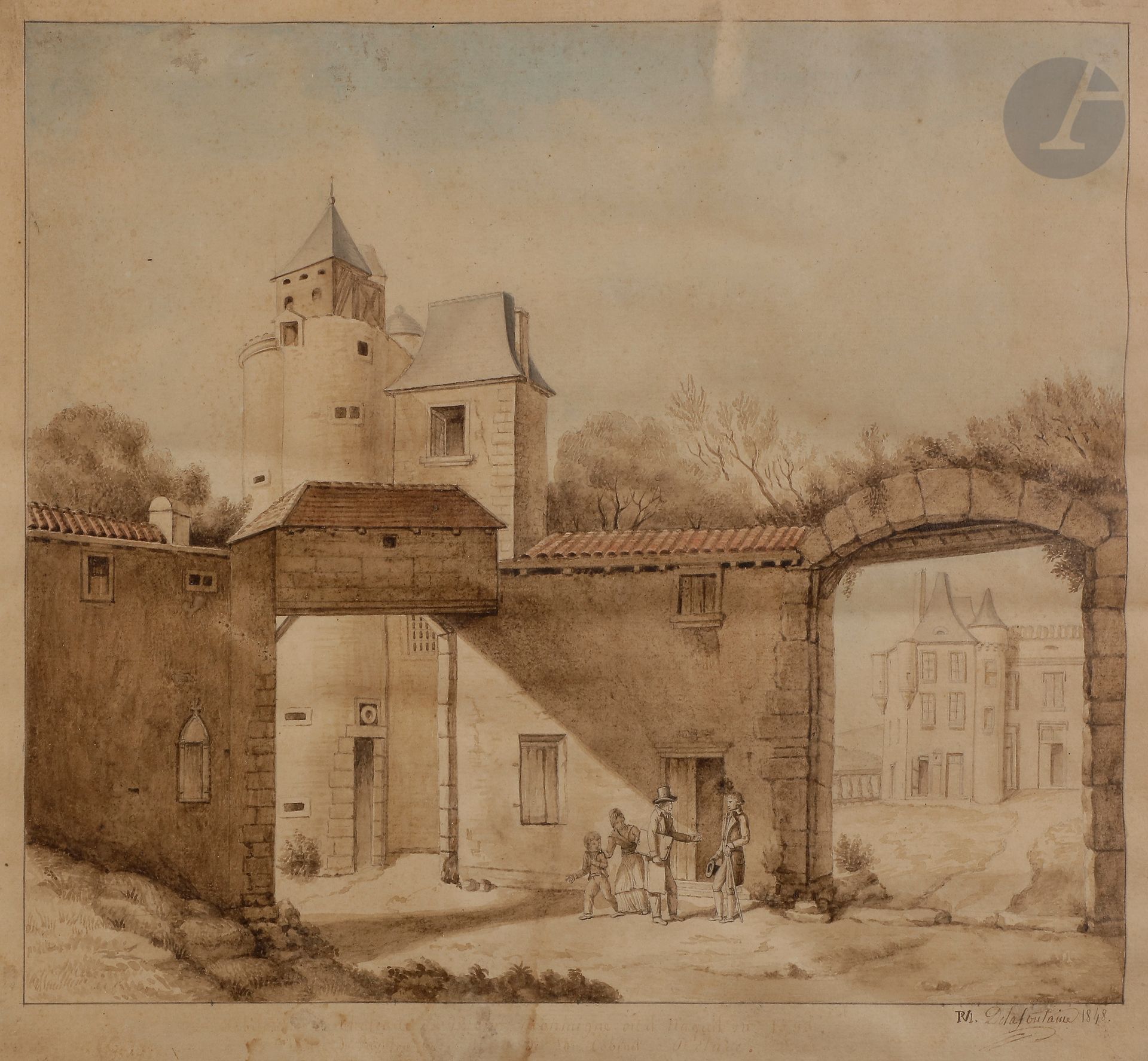 Pierre-Maximilien DELAFONTAINE
(1774-1860)
Vue présumée de la cour du château de St Michel de Montaigne, 1848
Aquarelle sur traits de crayon noir
Signée et datée en bas droite.
Annotation indistincte dans le bas
37,5 x 42,5 cm