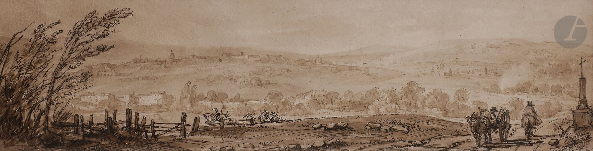 école Française du XVIIIe siècle
Paysage animé
Plume, encre brune, lavis brun.
8 x 29 cm