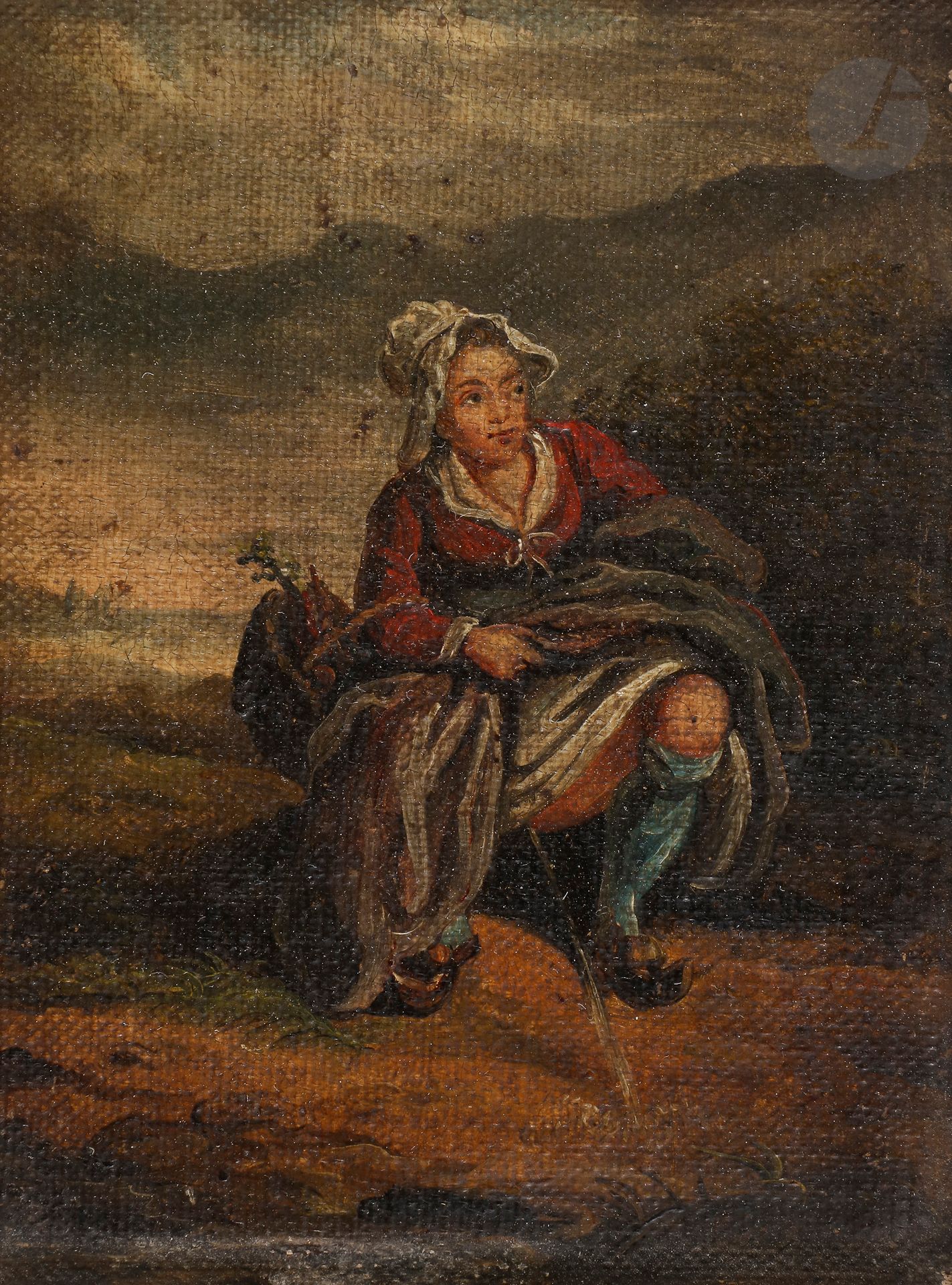 école française du XIXe siècle
Paysanne se soulageant
Toile marouflée sur panneau.
14 x 10 cm
Manques.