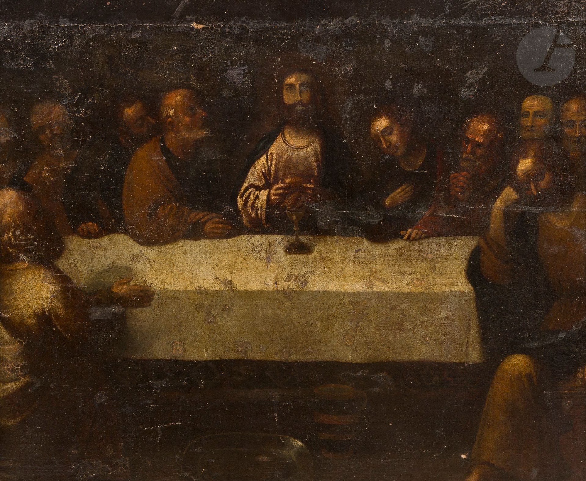 école italienne du xviie siècle
La Cène
Toile.
63,5 x 77 cm
Accidents et manques.