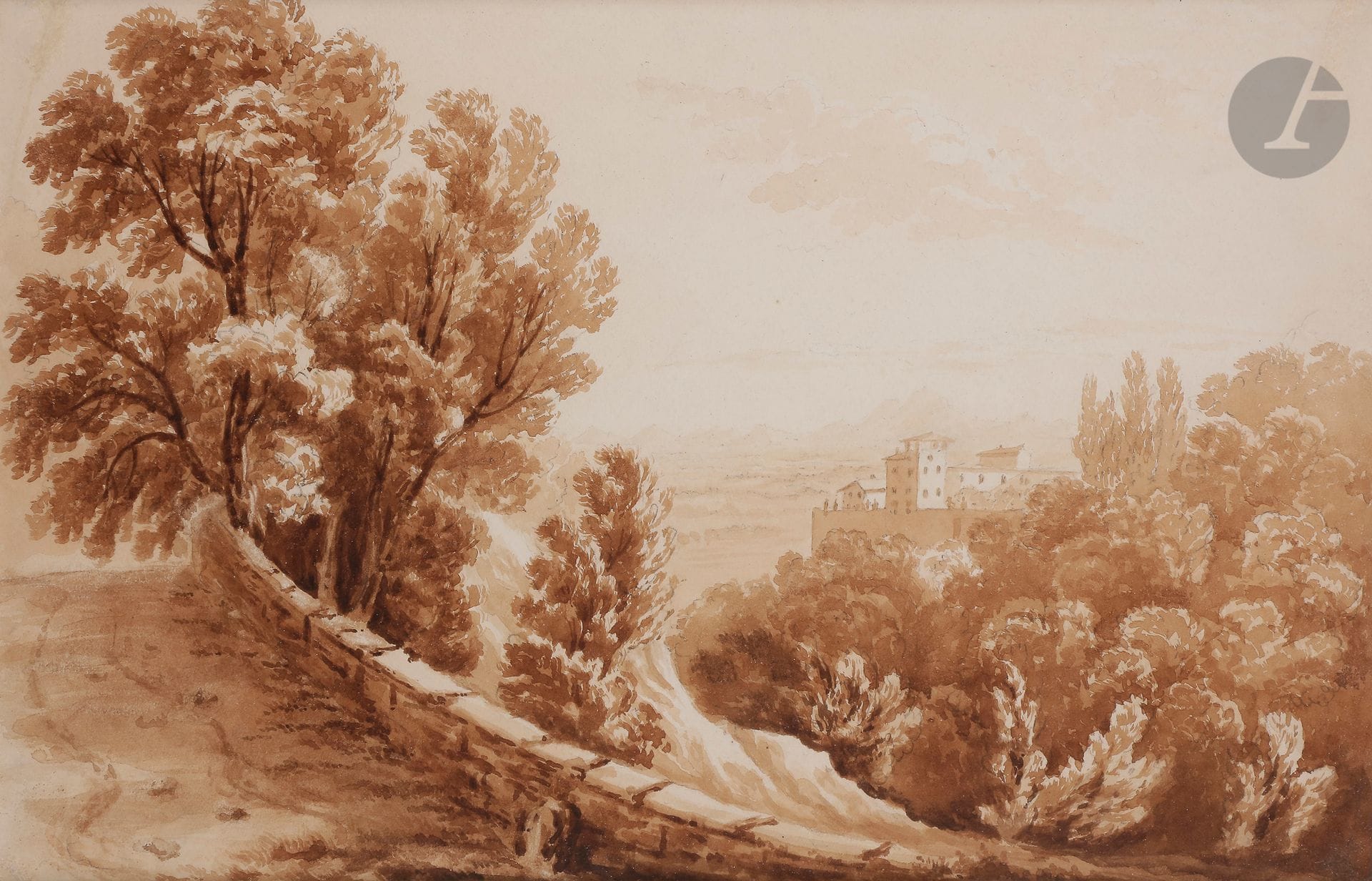 école française du XIXe siècle
Paysage d’Italie
Lavis brun sur traits de crayon noir
23 x 35 cm