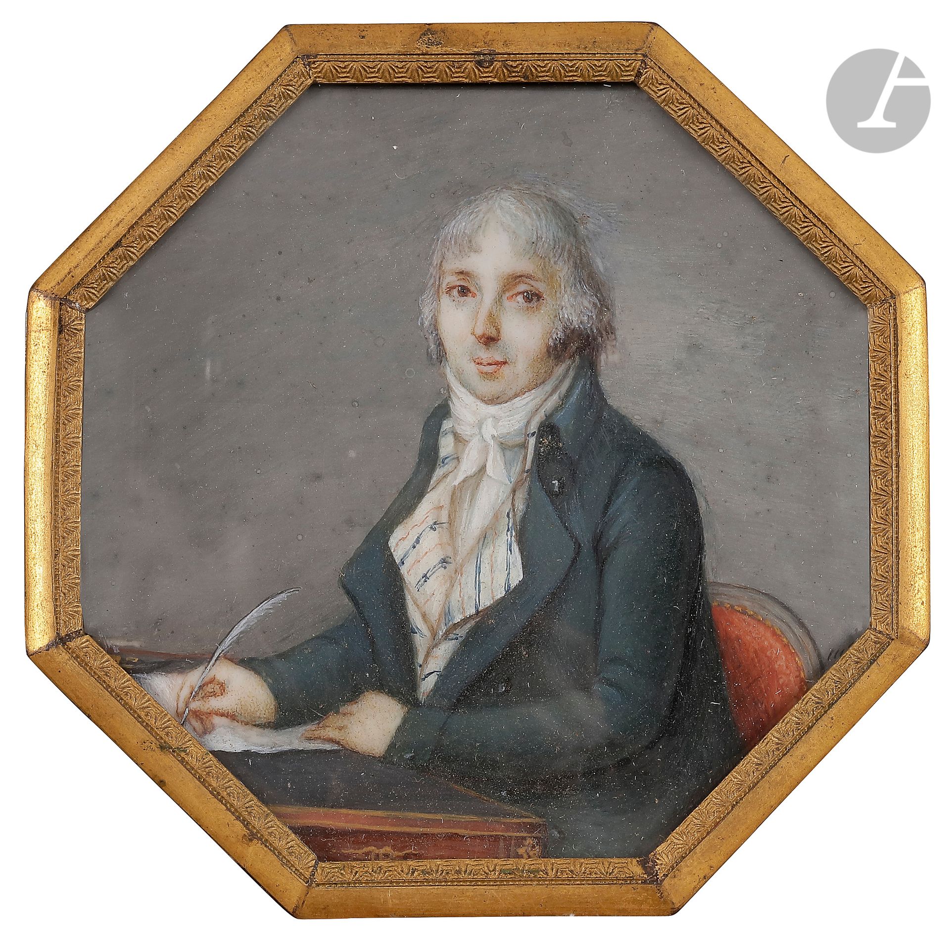 école française de la fin du XVIIIe siècle
Homme assis à un bureau en train d’écrire
Miniature sur ivoire de la fin du XVIIIe siècle, époque Directoire
Signée en bas à droite « Mll… », octogonale H. 6,9 cm, dans un médaillon en laiton doré ; à l’intérieur, instructions détaillées pour la fabrication du cadre.
Poids total : 46 g