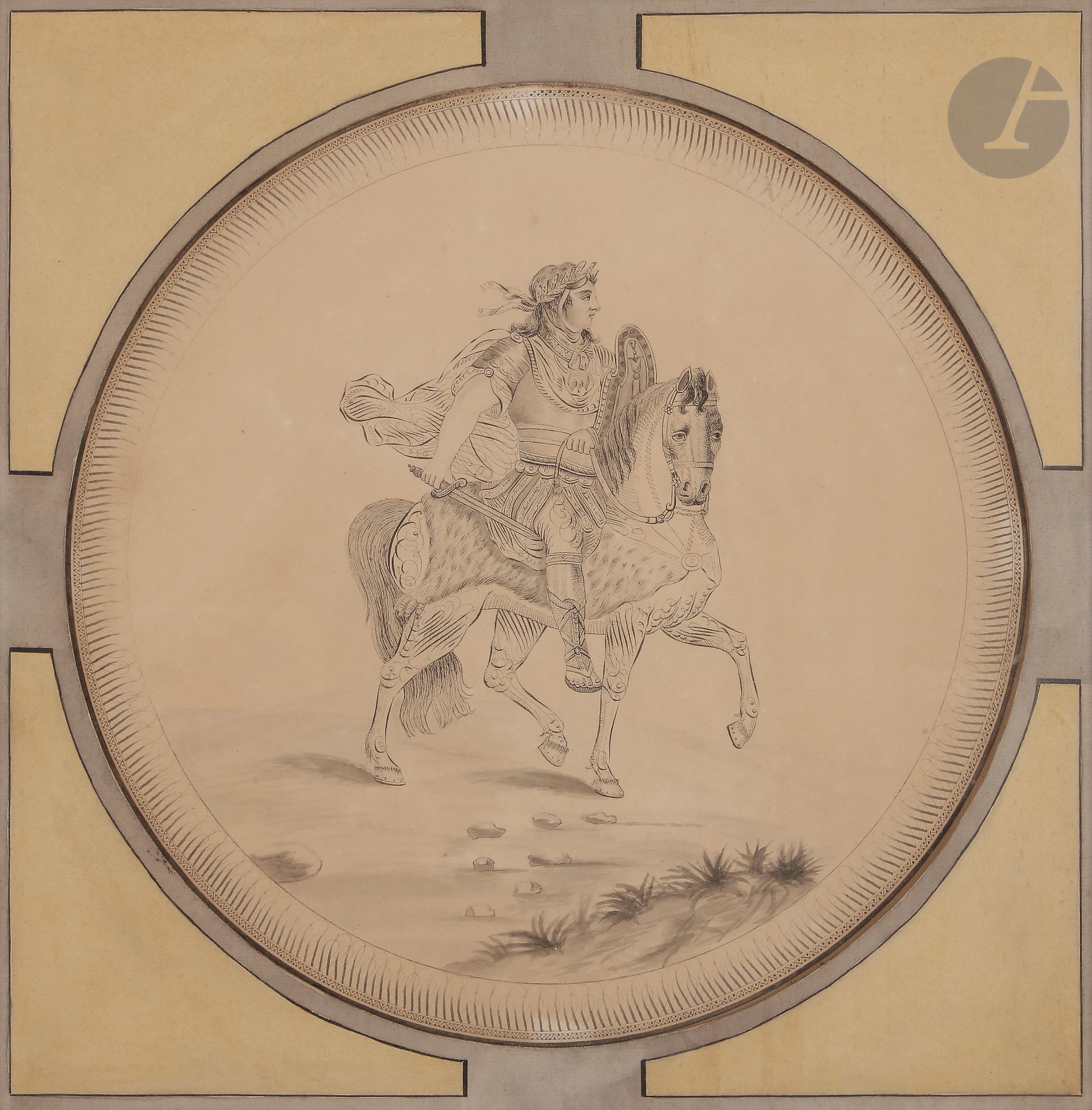 école française du XIXe siècle
Portrait présumé de Louis XIV en Alexandre
Dessin calligraphique.
(Insolé)
36,5 cm de diamètre.