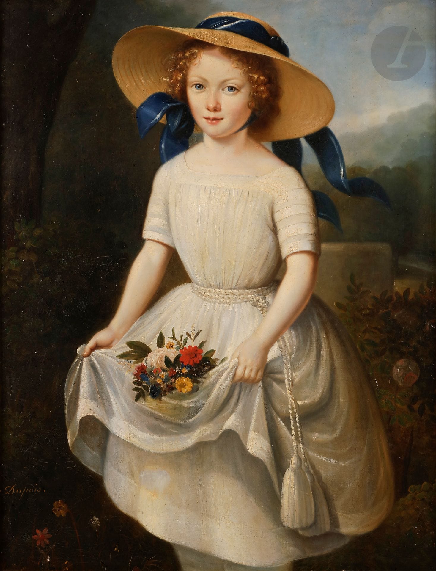 étienne DUPUIS (circa 1800 - 1850
)Young girl with hat and blue ribbon wearing
flowersOriginal

painting.


Signed left E. Dupuis. Number 30 on the reverse side of the canvas.
92 x 73
cmOld

restorations.


Accident at the bottom left.






