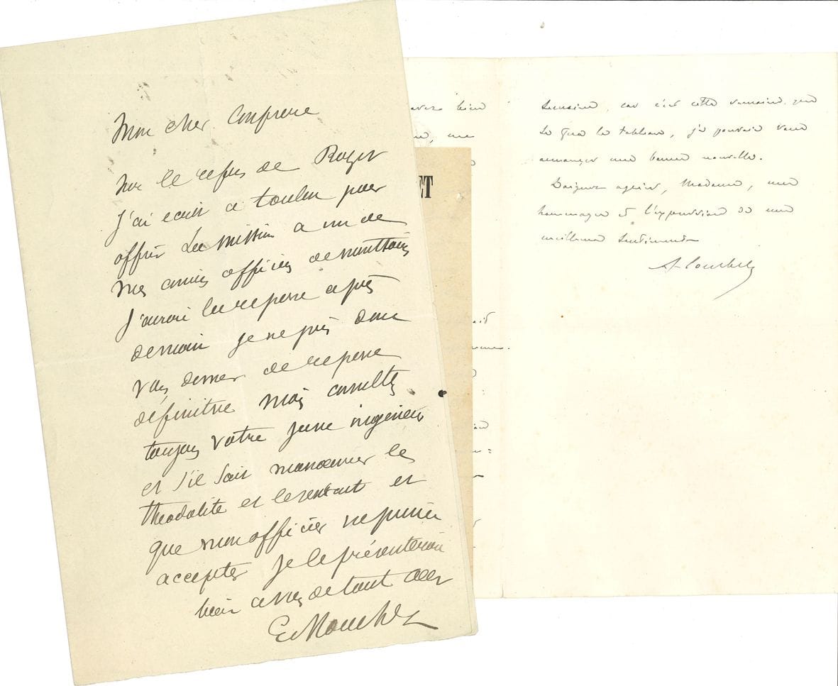 MARINE. 13 letters or documents, most of them L.A.S., 1835-1892. 
 Enclosed is the passport issued in 1843 to Gaston de Roquemaurel to go to Naples, with many visas (plus his certificate of studies diploma, Toulouse 1822). 

 Gustave Besnard (Rade des Saintes December 30, 1885, on the letterhead of the cruiser L'Iphigénie, on her next arrival in Basse-Terre). Paul Chack (business card a.s.). Rear Admiral René de Cornulier-Lucinière (Nantes). Admiral Amédée Courbet (1882, referring to the time when he was head of the torpedo school in Boyardville, on the island of Oléron). Louis Henri de Saulces de Freycinet (Rochefort 1836, as maritime prefect, acknowledging receipt of medals). Jacques de Liniers (viceroy of the provinces of the Rio de la Plata, l.a.s. "Santiago" to his sister-in-law Amada Petrona, authenticated by Mendeville). Pierre Loti (business card a.s. as lieutenant of the ship, thank you "for my fishermen"). Ernest Mouchez (2). Edmond Paris (1892, on the publication of the 5th book of Marine Memories). Admiral Henri de RIGNY (1835). Admiral Albin Roussin (2 to Hector Bresson, 1841).