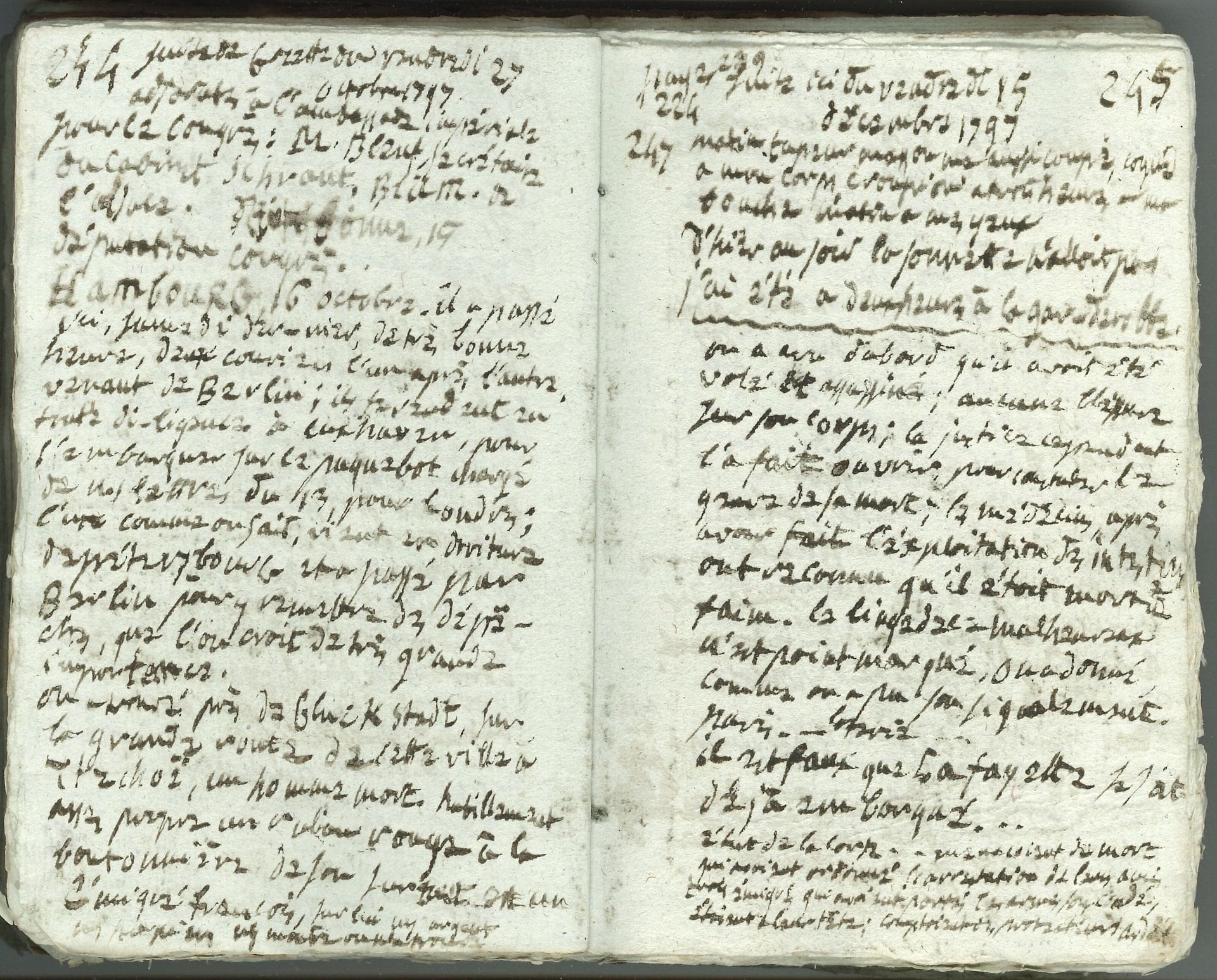 Françoise-Hippolyte Lériget de La Faye, marquise de LA TOUR DU PIN MONTAUBAN (vers 1740-1814) héritière du château de Condé, son mari était chambellan du duc d’Orléans et colonel du régiment de Chartres. Manuscrit autographe, [château de Condé] octobre 1796-décembre 1798 ; 4 paquets de feuillets pliés formant 4 cahiers petit in-8 de 308, 472, 223 et 56 pages, soit 1059 pages (quelques ff. en début ou fin des cahiers un peu effacés).

 Curieuses éphémérides notées par la châtelaine de Condé-en-Brie en 1796-1798.
 Plusieurs notes sont consignées d’après la Gazette nationale de France, plusieurs fois citée, et dont sont conservés deux bandes d’envoi à l’adresse de « la cit. Delatour-Dupin, à Condé, par Château-Thierry, Départ. De l’Aisne ». Le document témoigne d’un vif intérêt pour l’actualité, avec des détails sur la vie intime de la citoyenne marquise, maltraitée par ses domestiques et qui en craint des trahisons et violences. Nous ne pouvons en donner ici que quelques brefs aperçus.
 Cahier [1] (paginé 5-312), 12 octobre-30 décembre 1796. Notes sur l’incident du 19 juillet, à Dillingen, où le comte de Provence fut blessé par une balle à la tête… Le 4 novembre, mouvement violent de la Davidson (servante anglaise) ; « au caffé il y avoit dans le sucrier […] trois points noirs de poison », et le soir la marquise entend la Picot « demander la mort du roi de Suède et tout de suite a osé demander la mort du roi de France ». Du 22 octobre, débarquement à la Ciotat de « cinq personnes qui, suspectées d’émigration ont été arrêtées »… [29 octobre], tentative d’assassinat du général Hoche à Rennes. 11 novembre, violences et départ de deux domestiques. 3 novembre, méfaits de brigands aux environs de Paris. 17 novembre, mise en gage à Berlin du « fameux diamant de France, connu sous le nom du régent »… 5 novembre, « Madame de Genlis ci-devant gouvernante des enfans du duc d’Orléans » est expulsée de Berlin ; « Résolution prise par S.M. prussienne de ne plus recevoir d’émigrés français dans ses états »… 11 novembre. « Lettres de Dresde. L’Electeur de Saxe se décide à envoyer son continguent à l’armée. L’anniversaire de la mort de Marie-Antoinette, reine de France, a été célébré, le 16, à la Cour »… Etc.
 Cahier [2] (paginé 5-476), 24 octobre-31 décembre 1797. 25 septembre, mort de Hoche. 25 octobre, conversation ordurière et inquiétante des domestiques dans la cuisine ; le lendemain, « on a osé crier de blesser et briser le bras du roi de France Louis XVIII » . 27 septembre : « Petersbourg, 27 août. On assure que l’empereur vient d’assigner à Louis XVIII la somme de deux millions de roubles, pour le mettre en état de s’acheter une terre en Russie ou en Allemagne. Il a aussi donné ordre de recevoir tout individu de l’armée de Condé qui désireroit entrer au service de la Russie »… 11 octobre : « Le prince de Condé n’est plus soutenu que par la Russie et l’Angleterre. La cour de Vienne l’a abandonné »… 8 novembre : on ne nettoie pas « les vases puants […] On me fait sentir odeur de merde […] Femme, filles, hommes, garçons, enfans me crient ici dans mon château et du dehors qu’il falloit me finir »… 30 septembre, liste nominative des condamnés à la déportation embarqués à Rochefort : Barthélemy, Barbé-Marbois, Rovère, Pichegru, etc. Anecdotes sur « la fameuse » Mme de Staël, qui intervint auprès d’un des Directeurs en faveur de François Aubry, « l’un des moins excusables, d’autant moins excusable qu’il laisse après lui le soupçon d’avoir trahi les deux partis », et sur l’éditeur Panckoucke et le Directoire…
 Cahier [3] (paginé 31-253), 28 novembre [1798]-2 janvier [1799]. 18 décembre. Copie de l’acte de décès et d’inhumation de « la citoyenne Charlotte Abele Gabriele Armande Forêt de Blacon[s] abbesse de Sézanne demeurant en la maison de la Citoyenne La Tour du Pin » à l’âge de 83 ans… 21 décembre. « Paris. On sait que le ci-devant chevalier de Boufflers qui a épousé madame de Sabran […] est retiré en Prusse dans une maison que lui a donnée le prince Henri. On vient de lire à l’académie Berlin, un ouvrage de sa composition »… 17 décembre, sur le prochain « mariage du duc d’Angoulême, fils aîné du comte d’Artois, avec la princesse royale de France »...
 Cahier [4], fragments paginés 1-28 et 457-472, et quelques feuillets épars, 8 janvier-13 juillet 1799. En juin, la marquise note des détails sur le mariage du duc d’Angoulême.