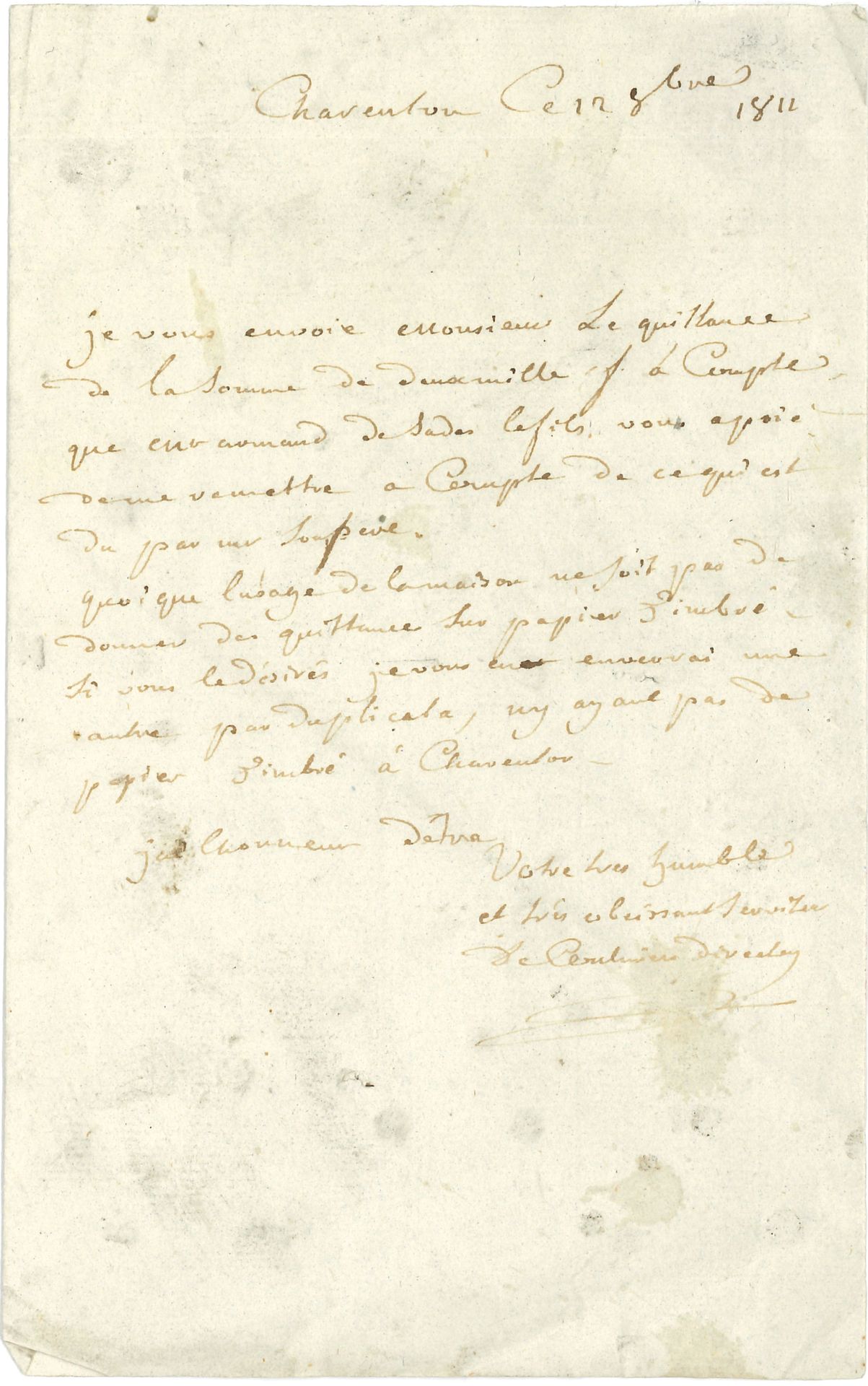 [D.A.F. marquis de SADE]. François Simonnet de COULMIERS (1741-1818) abbé, député du clergé aux États-généraux, puis membre de l’Assemblée constituante et du Corps législatif, puis directeur de l’hospice de Charenton. L.A.S., Charenton 12 octobre 1811, à M. Corbin, avocat à Paris ; 1 page in-8, adresse (lég. salissures).

 Il envoie la quittance de la somme de 2000 francs « à compte que Mr Armand de SADE le fils vous a prié de me remettre à compte de ce qui est du par Mr son père »…