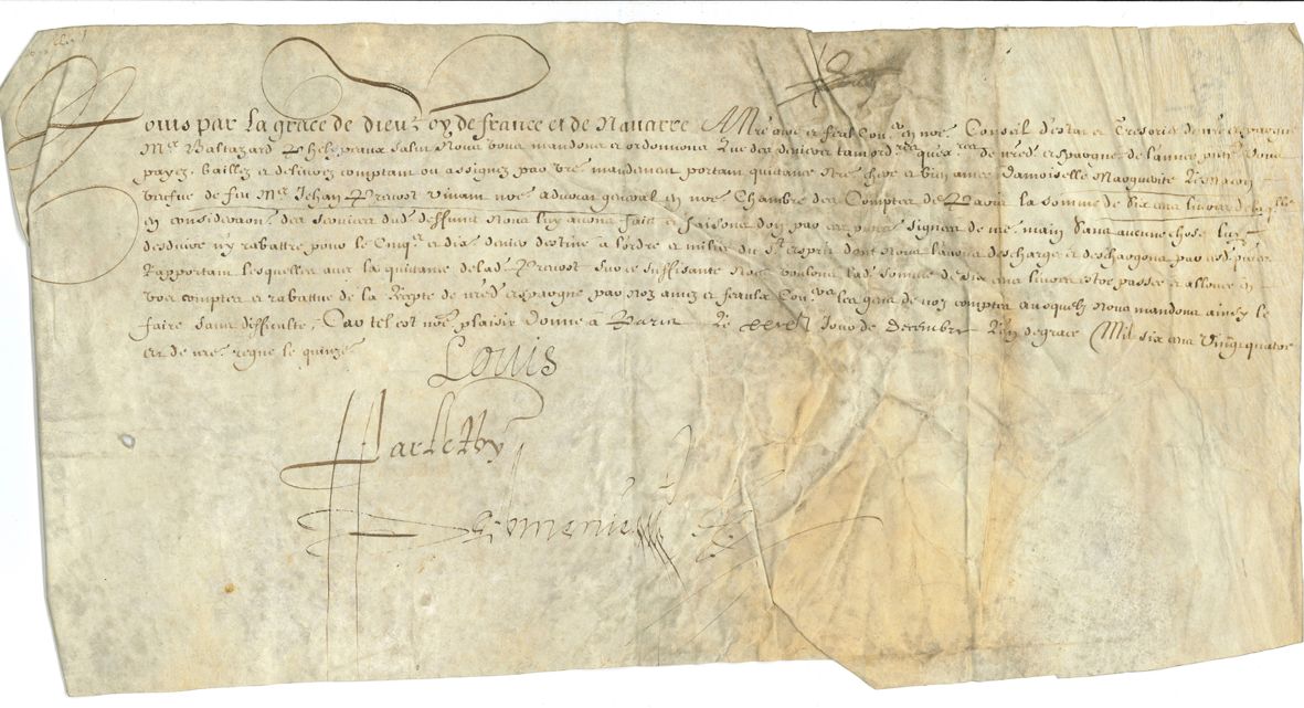 LOUIS XIII (1601-1643). 2 P.S. "Louis" (secretary), Paris 1624-1628, countersigned by Henri-Auguste de Loménie; woveove oblong vellum in-fol. (engraved portrait attached). 
 Enclosed are 3 receipts signed on vellum: by Pierre de La Primaudaye, seigneur de La Barre, counsellor and maître d'hôtel ordinaire of the King, in consideration of his services (1612); by Jéronyme de Comans (1615); by Charles Drouart and Jehan Henry, "His Majesty's oboe players" (1623). 

 29 December 1624. Mandate to the Treasurer of the Savings Bank to pay the widow of Jehan Prevost, "nostre advocat general en nostre Chambre des Comptes de Paris", the sum of 600 livres, in consideration of the services of the deceased... 31 December 1628. Mandate to the Treasurer of the Savings Bank to pay to the S. Tambonneau, Counsellor and President of the Chambre des Comptes de Paris, the sum of 3,000 livres...