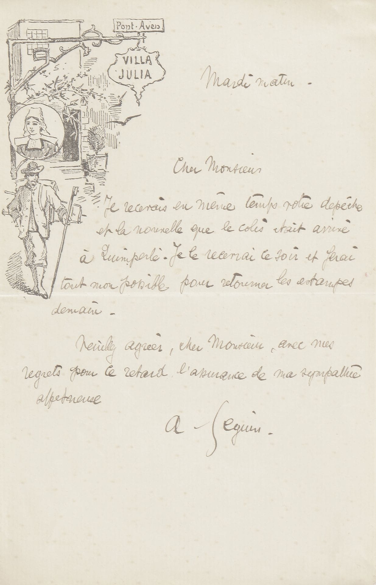 Armand SEGUIN (1869-1903). L.A.S., Pont-Aven mardi matin, [à Édouard Marty] ; 1 page in-8, vignette de la Villa Julia.

 « Je recevais en même temps votre dépêche et la nouvelle que le colis était arrivé à Quimperlé. Je le recevrai le soir et ferai tout mon possible pour retourner les estampes demain »…